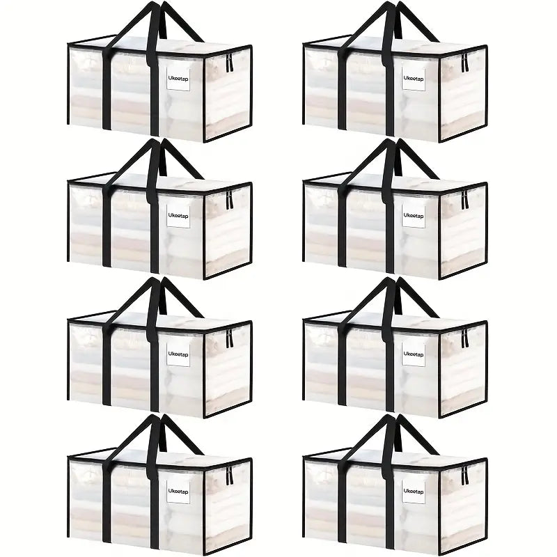 8-Piece Large Heavy-Duty Storage Bags, Transparent Lidded Boxes with Reinforced Handles, Durable Zipper Pouches for Clothes, Dorms, University Supplies