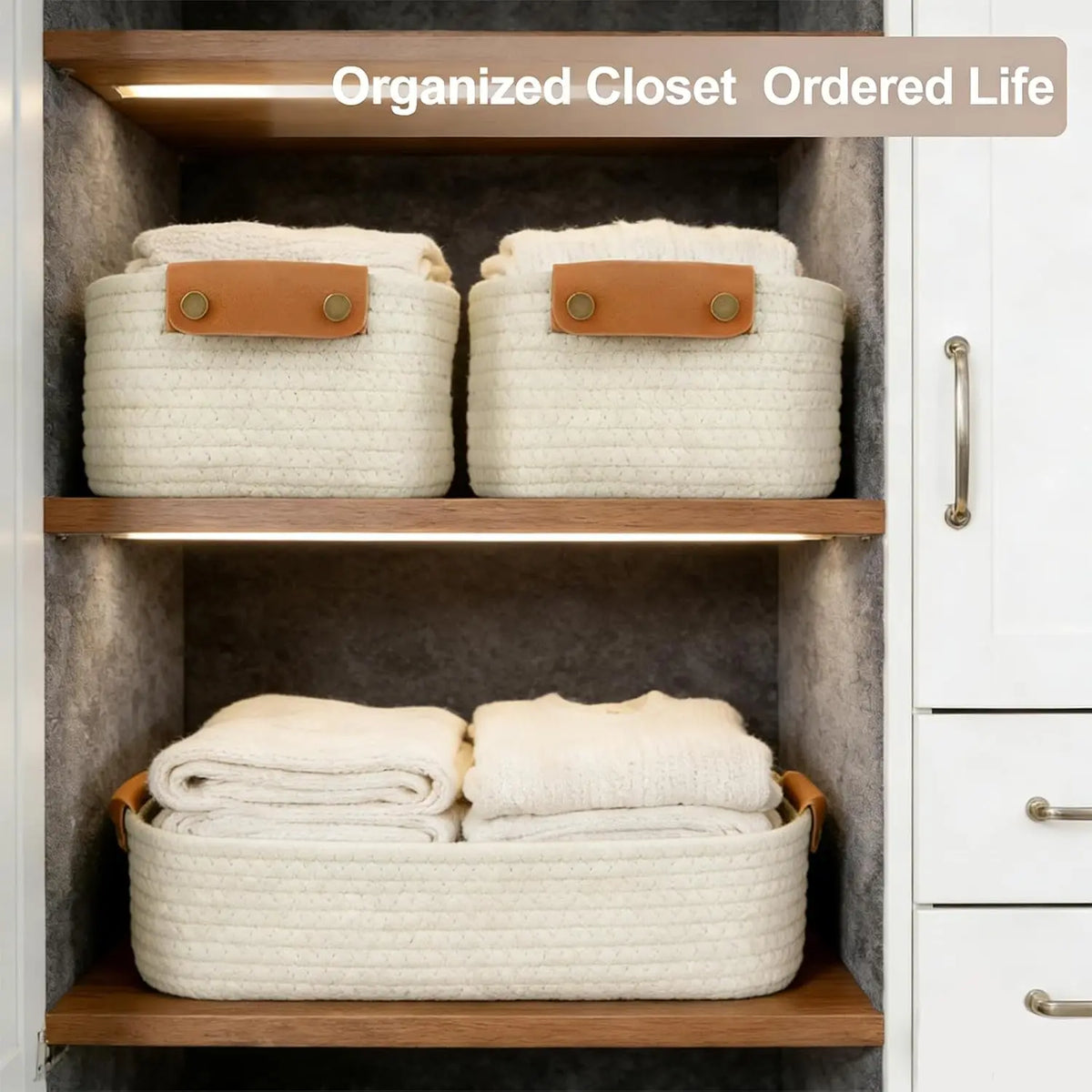 SANNAX 5-Piece Multi-Size Sturdy Cotton Rope Storage Basket Set, High-Quality Leather-Accent Organizers for Storage Organization, Dorm Decor, Preschool/Bedroom Use, Books & Tech