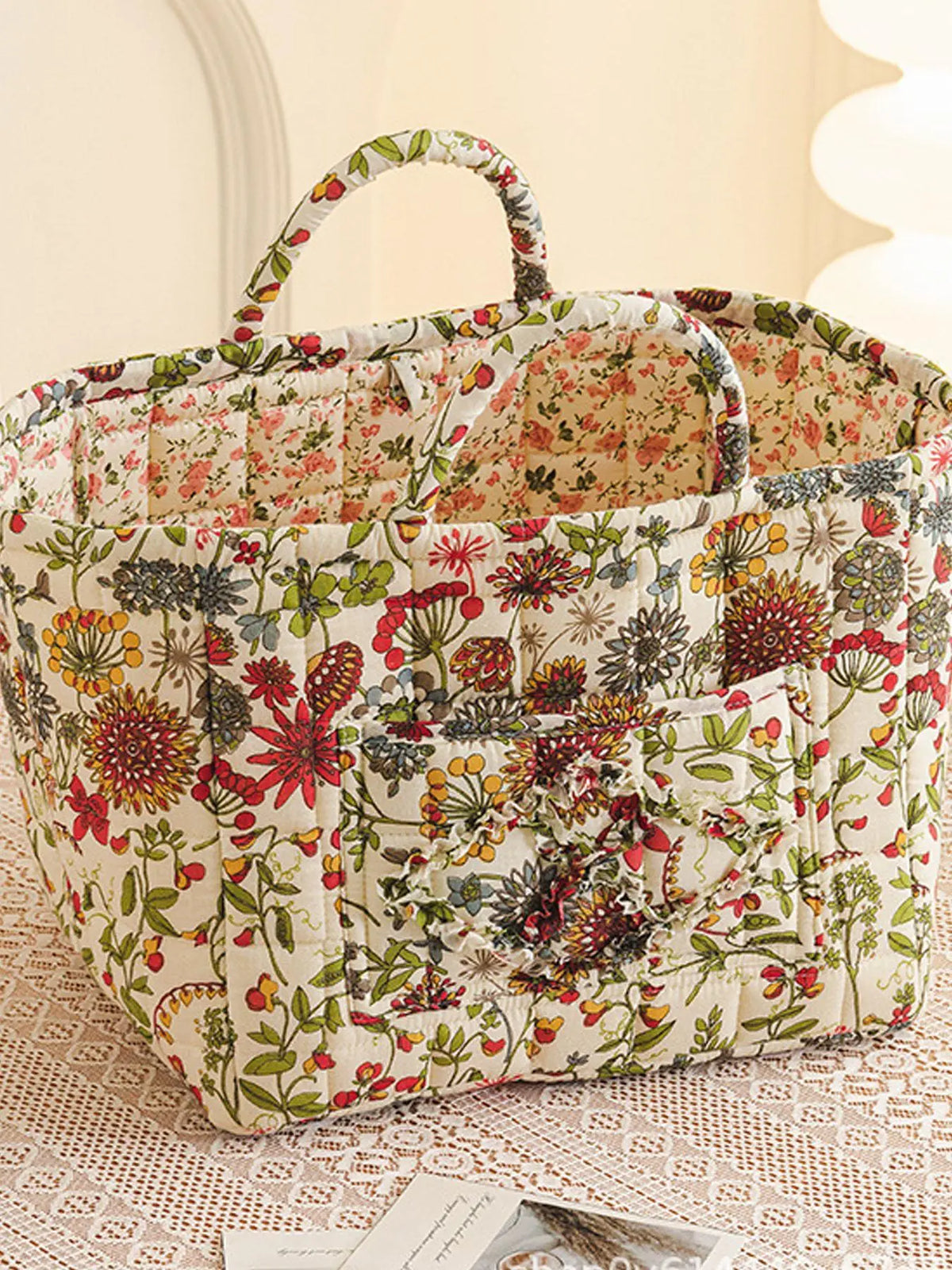 Floral Pattern Flower Fabric Storage Tote Basket, Portable Underwear Organizer, Organizing Baskets, Home Organization for Kitchen Bathroom Bedroom Living Room Office, Decorative Storage Basket