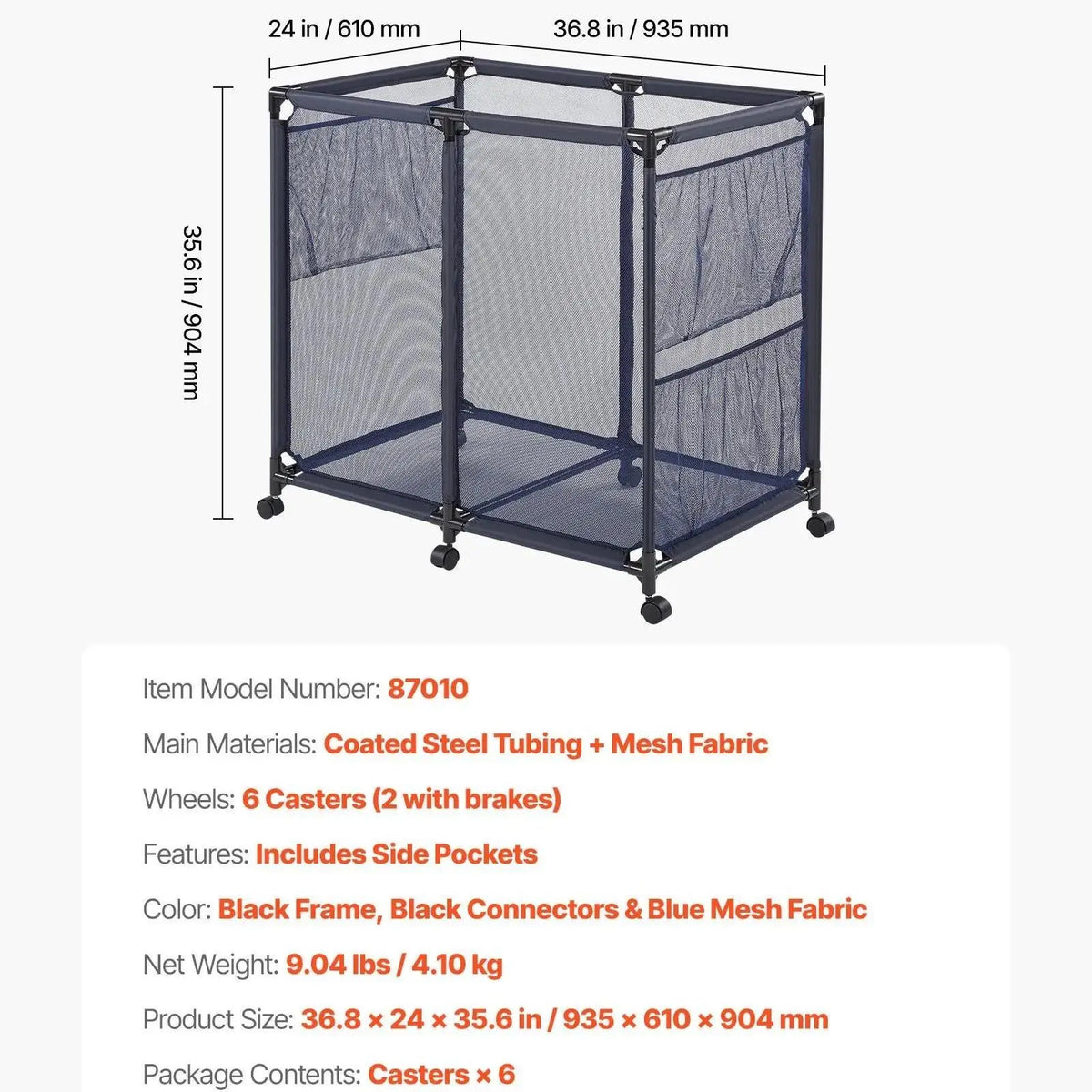 VEVOR Heavy-Duty Plastic Rolling Pool Storage Bin, 48.8 x 32.7 x 32.7 in Durable Metal Frame Organizer with Rolling Casters, Side Pockets, Breathable and Quick-Drying Mesh Basket for Pool Toys (Rectangular)