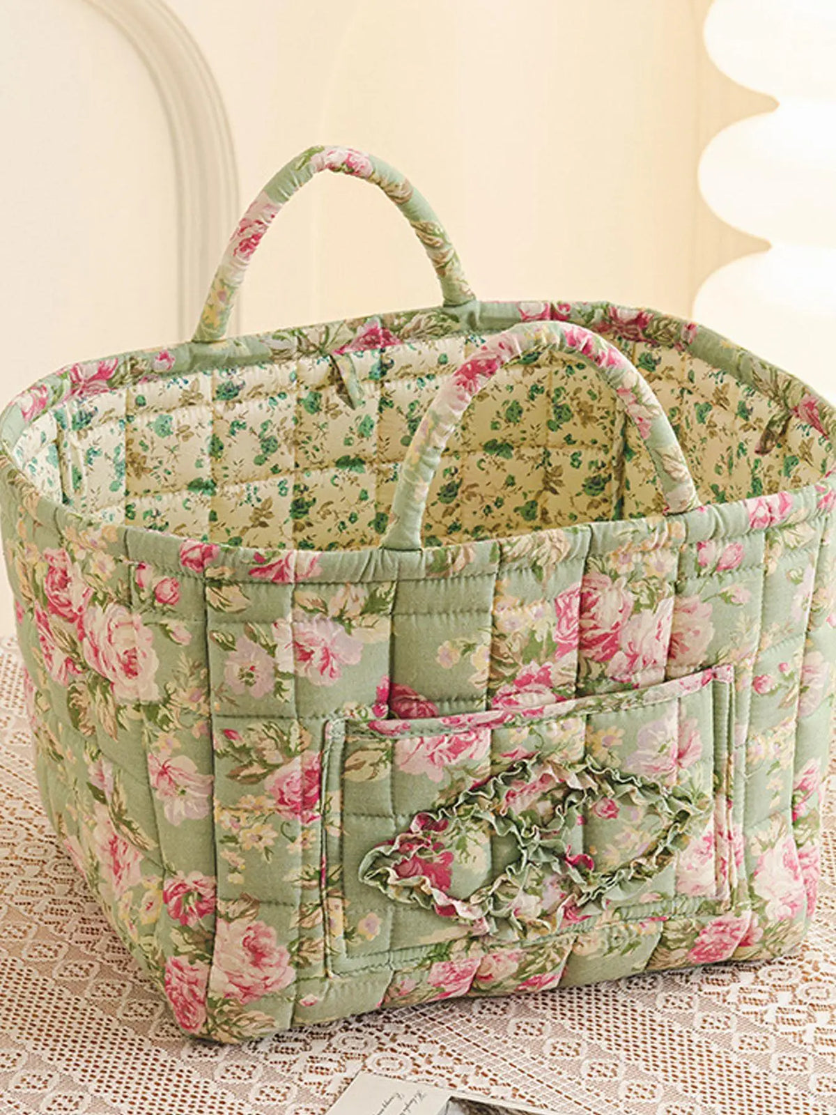 Floral Pattern Flower Fabric Storage Tote Basket, Portable Underwear Organizer, Organizing Baskets, Home Organization for Kitchen Bathroom Bedroom Living Room Office, Decorative Storage Basket