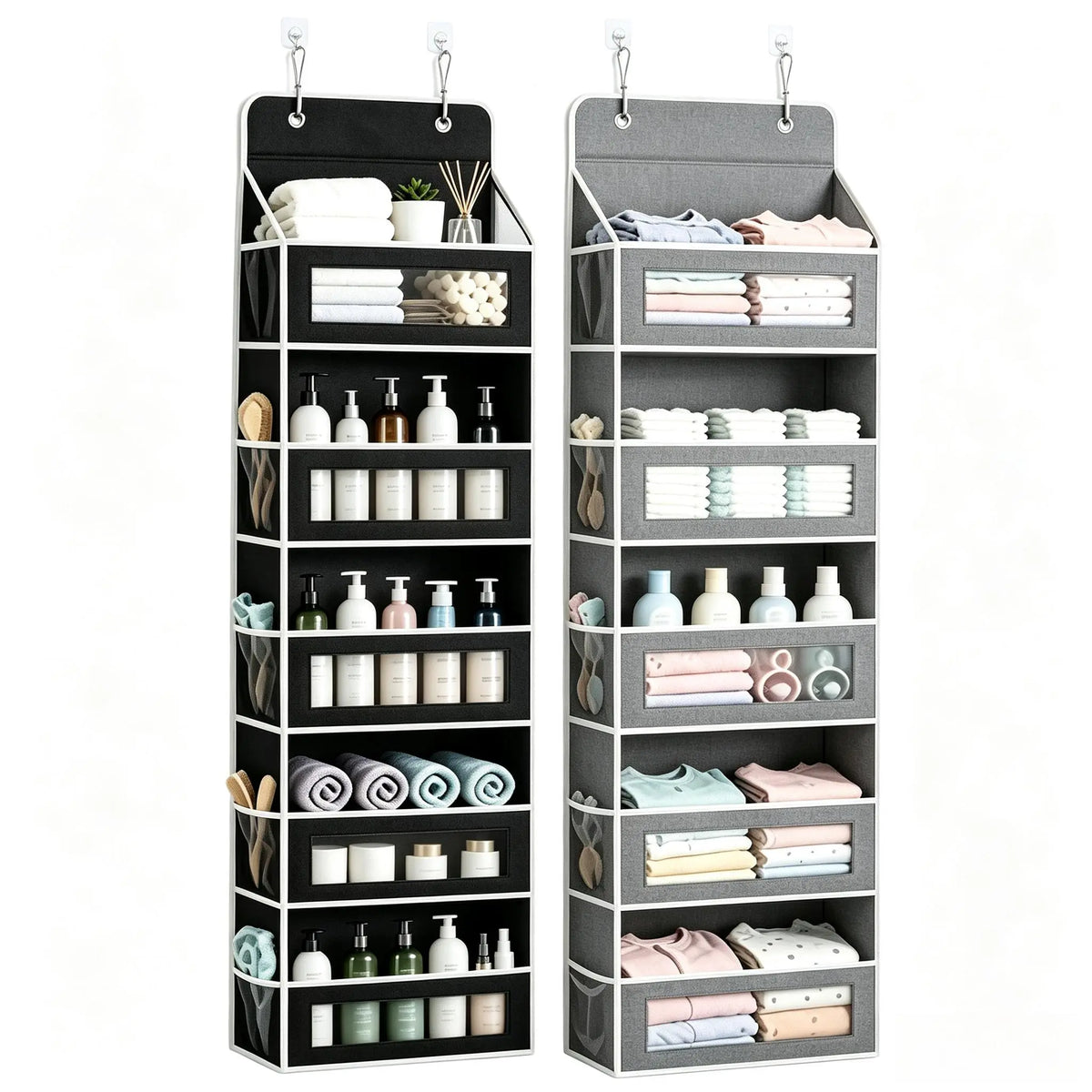 5-Tier Over The Door Organizer Storage Bag - Heavy-Duty Oxford Fabric Hanging Organizer with Visible Windows, Mesh Side Pockets, Includes Hooks, No-Drill Installation for Bathroom, Bedroom Storage (Fits Standard Doors)