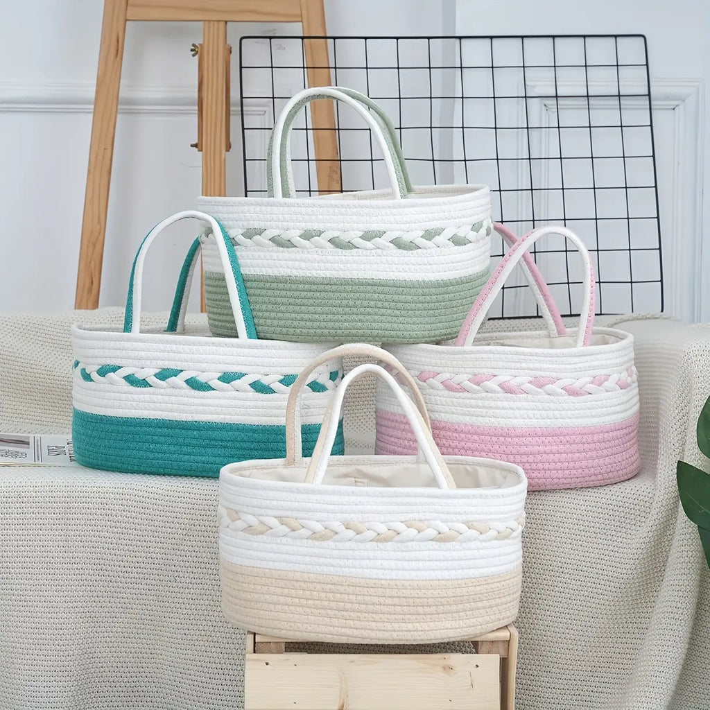 Bohemian Vibe Rope Weave Large Capacity Foldable Home Storage Bag with Woven Handle, Removable Lining, Stripe Design (Cyan, White, Pink, Beige) - Shelf Basket