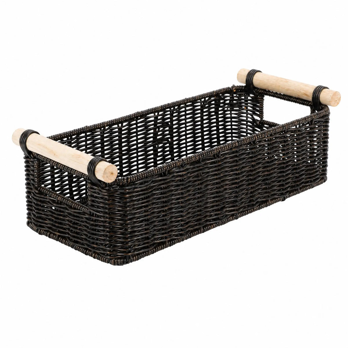 BROWNLILY Handwoven Wicker Organizer Basket with Wooden Handles - Narrow Countertop Caddy for Bathroom Vanity, Kitchen, Entryway & Guest Room (Faux Rattan)