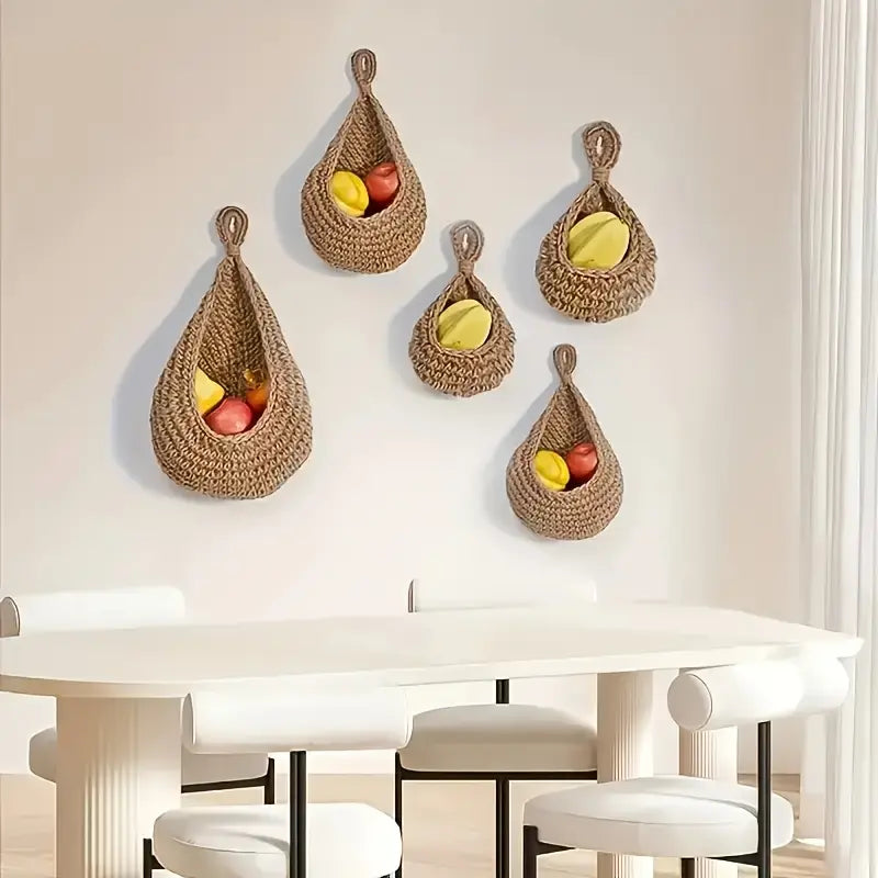 3pcs Bohemian style wall hanging basket, a small and cute kitchen fruit and vegetable storage basket, suitable for garlic and onion, home and dining decoration, Shelf Baskets