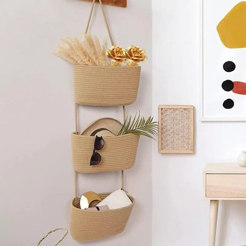 3-Tier Woven Cotton Door-Hanging Storage Basket Set - Compact French Country Home Organizer, Fast Install Use, Clutter Stays Put, Ideal for Busy Parents' Nursery Diapers & Toys (Nursery Decor)