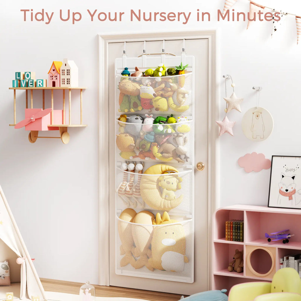 Criusia Over The Door Stuffed Animal Storage Organizer with 4 Large Mesh Pockets, Hanging Toy Organizer for Kids Room, Nursery & Playroom, Space Saving Door Storage Organizer SummerVibes Hangable