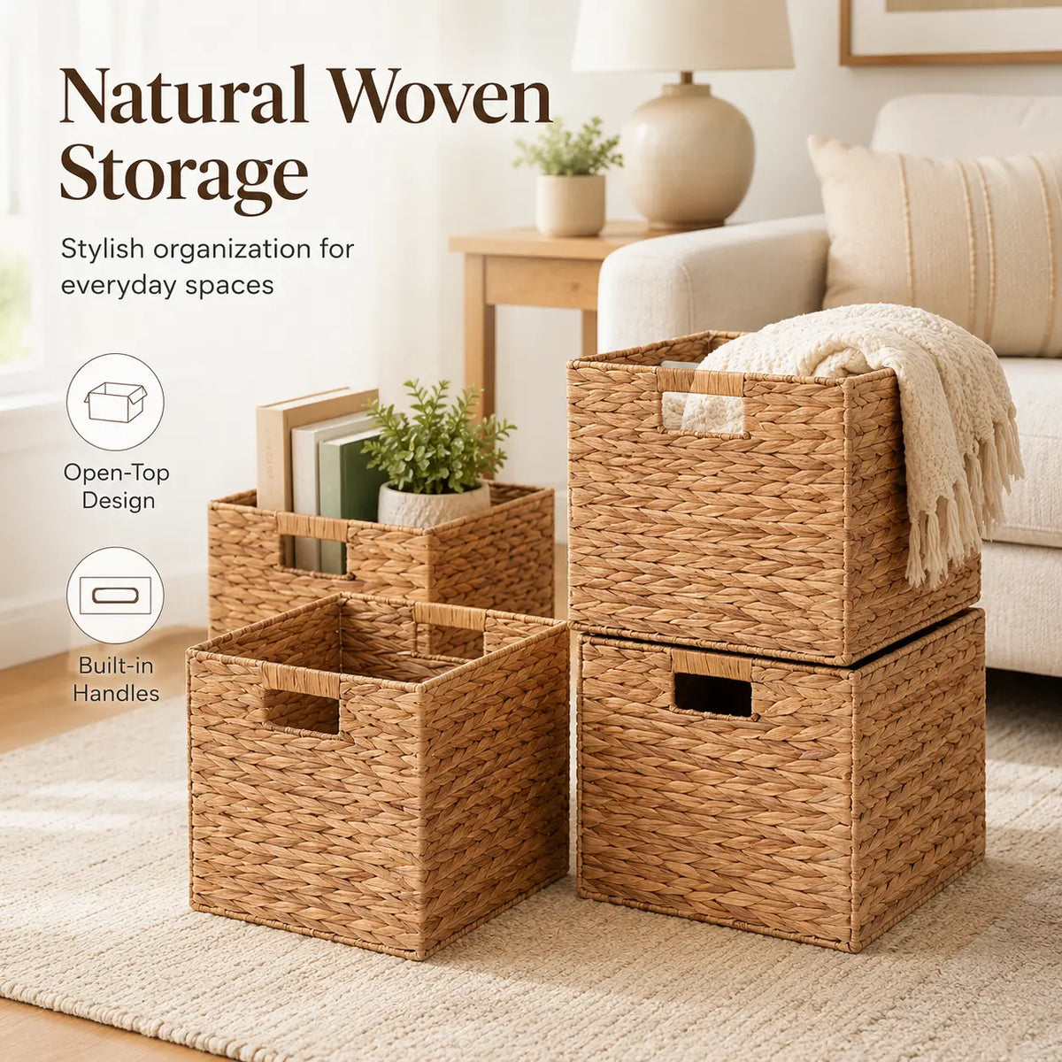 Summerwins Natural Water Hyacinth Storage Baskets - Handwoven Cube Organizing Bins with Cutout Handles, Open-Top Farmhouse Storage Organizer for Dorm Room, Living Room, Laundry, House Organizers, College Move-In Essentials