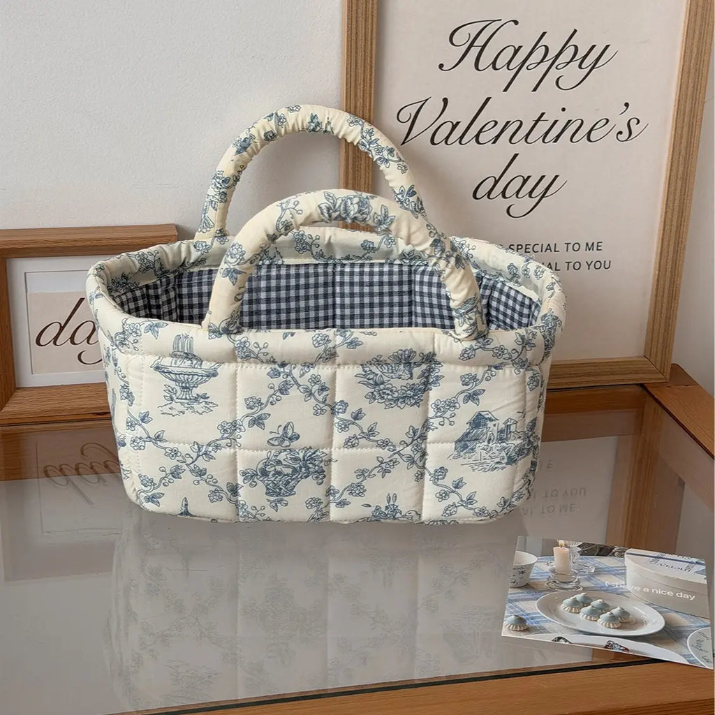Cotton Country Chic Embroidered Print Lightweight Compact Basket - Baskets for Organizing, Baby Girl's Room Storage, Cosmetic Holder, Portable Gift Bag