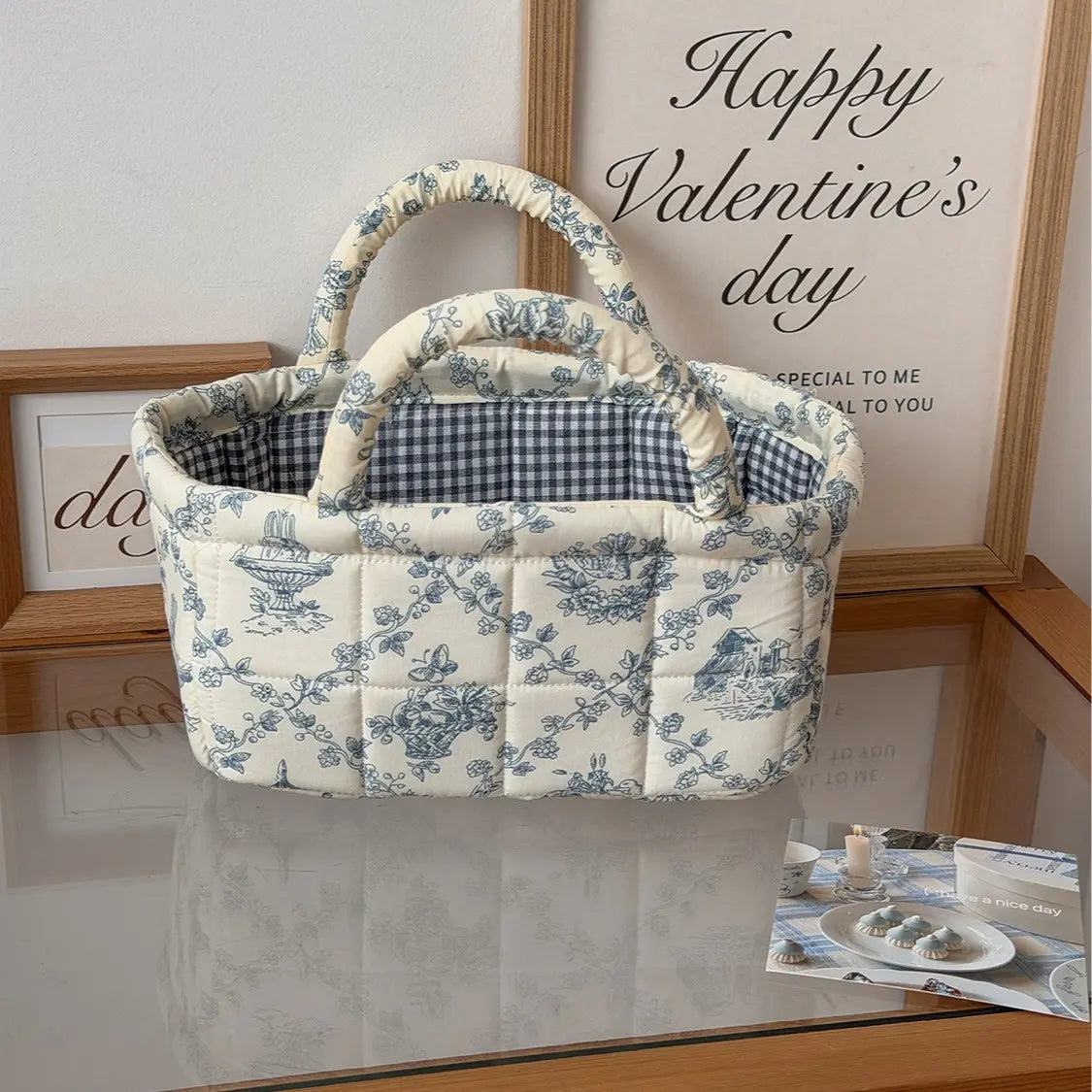 Cotton Country Chic Embroidered Print Lightweight Compact Basket - Baskets for Organizing, Baby Girl's Room Storage, Cosmetic Holder, Portable Gift Bag