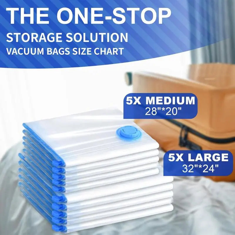 5/11 Pack Compression Vacuum Storage Bags, Blue Transparent Resealable Zipper Bags, Waterproof Leakproof Airtight Dust Moisture-Proof, Extra Large Capacity 80% Space Saving Compression Bag with Hand Pump