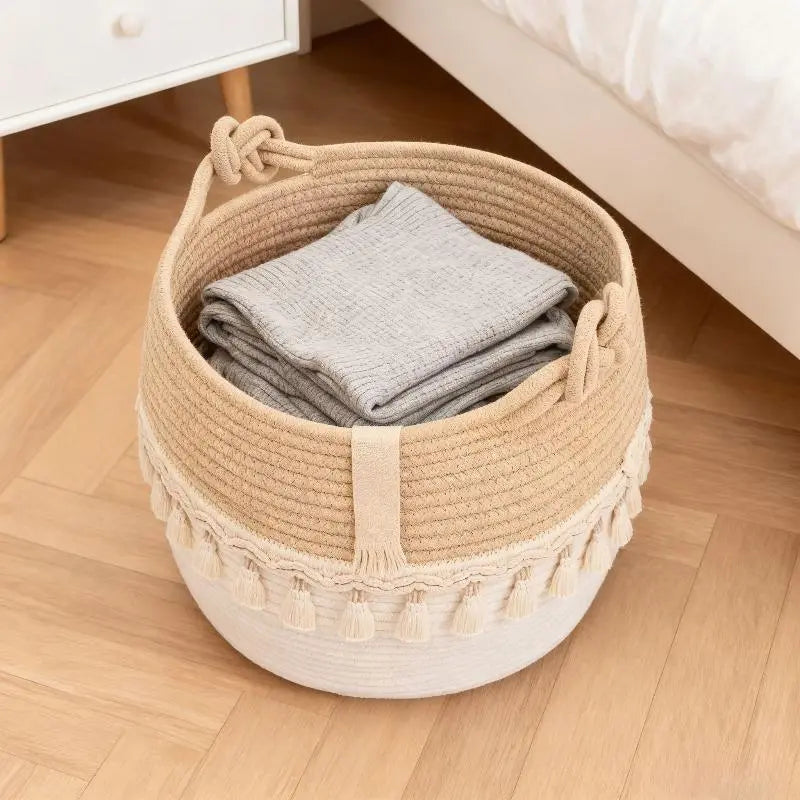 Large Round Handmade Cotton Rope Woven Tassel Laundry Basket Organizer - Freestanding Decorative Closet Storage Basket, Home Organizer for Busy Families