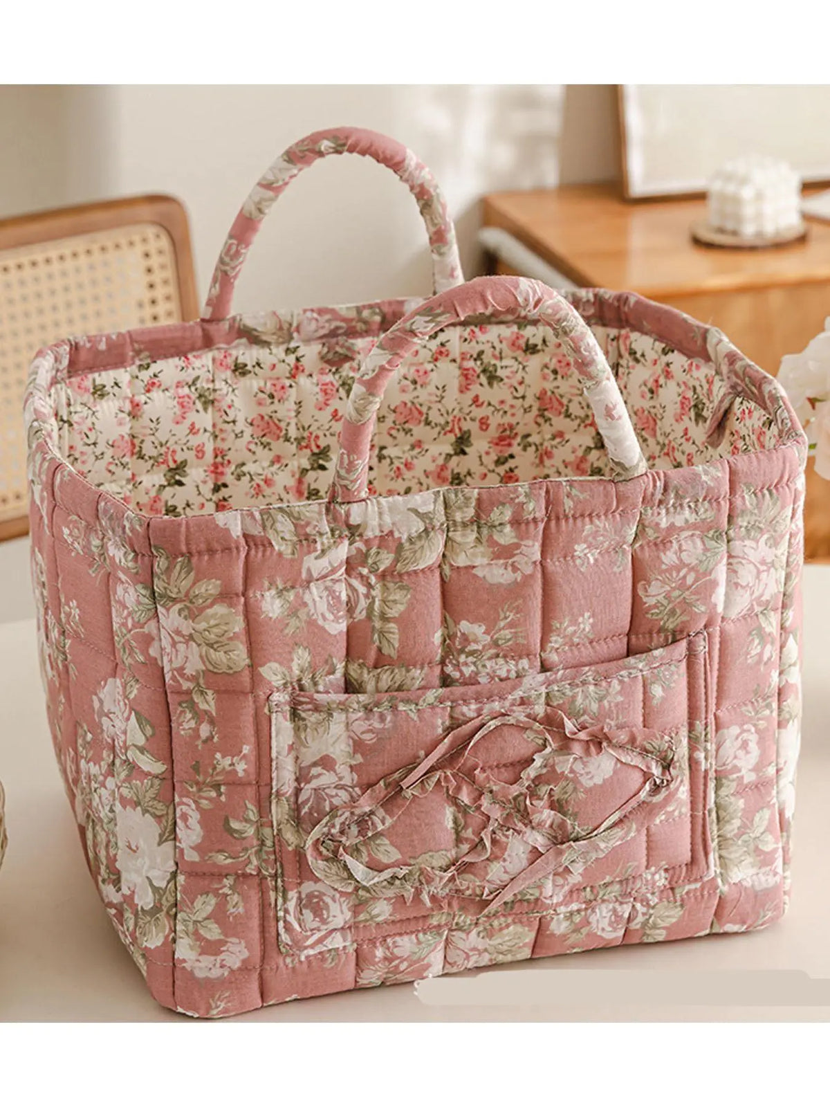 Floral Pattern Flower Fabric Storage Tote Basket, Portable Underwear Organizer, Organizing Baskets, Home Organization for Kitchen Bathroom Bedroom Living Room Office, Decorative Storage Basket