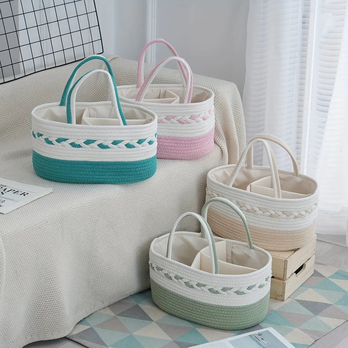 Bohemian Vibe Rope Weave Large Capacity Foldable Home Storage Bag with Woven Handle, Removable Lining, Stripe Design (Cyan, White, Pink, Beige) - Shelf Basket