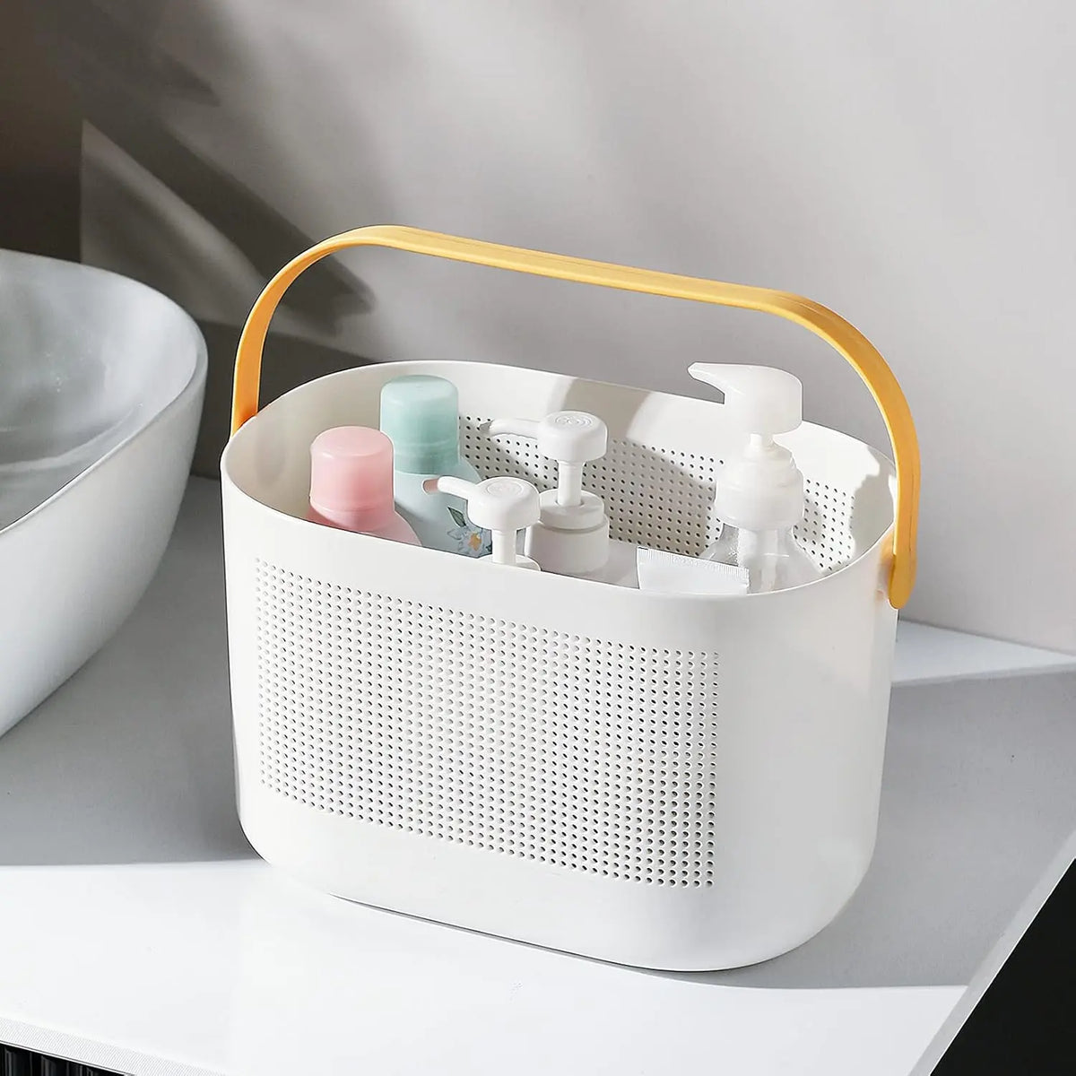 Plastic Storage Baskets with Handles, Shower Caddy Shelf Organizers Basket for Bathroom, Kitchen, Dorm Room, Yellow