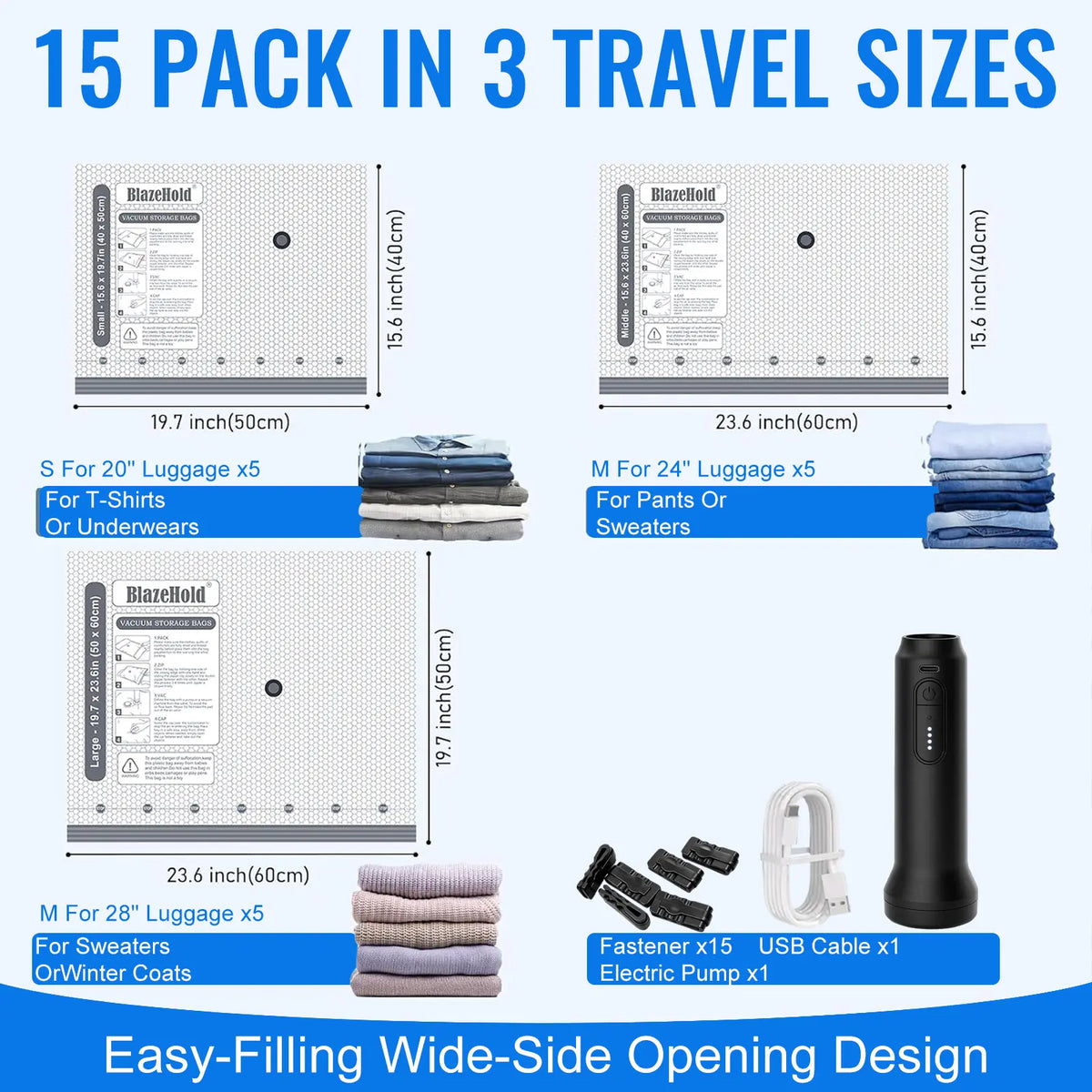 15 Pieces Reusable Vacuum Compression Storage Bags Set with Rechargeable Wireless Pump, Compact Portable Organiser Storage Transportation Bag for Travel Clothing & Home Bedding