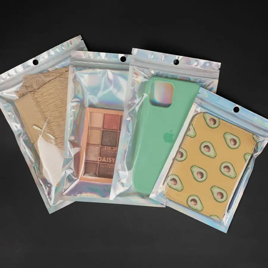 50pcs Laser Film Holographic Jewelry Packaging Bags with Hanging Hole, Half-Transparent Self-Sealing Bags, Clear Storage Bags, Phone Case Storage Bags, Colorful Plastic DIY Organizer, Plastic Organizer Pouches