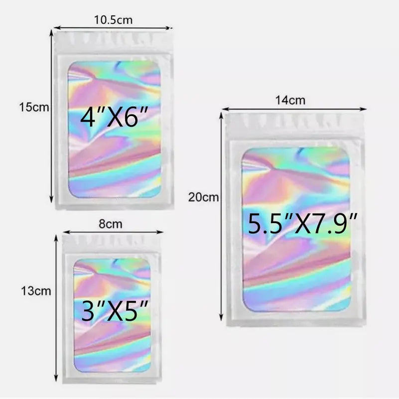 SJPACK 100-Pack Holographic Resealable Zip Foil Storage Bags, 8x13cm/10x15cm/14x20cm Smell-Proof Waterproof Pouches for Organiser, Lip Gloss, Eyelash, Key Chain, Jewellery (White/Black/Pink, Reusable)