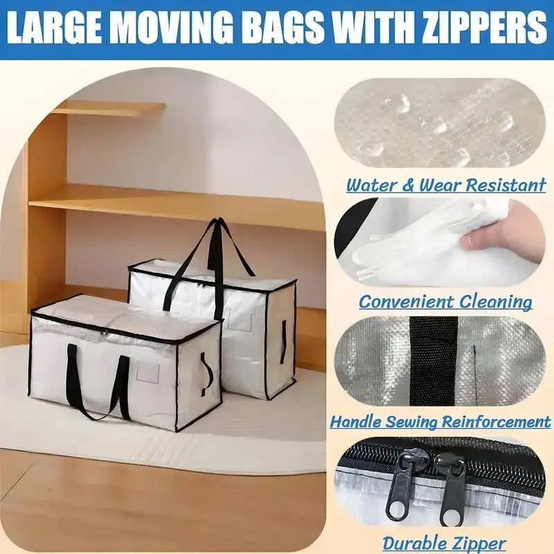 Clear Extra Large Moving Bags, Heavy-Duty Waterproof Storage Tote Bag with Reinforced Handles & Zippers, Transparent Organizer for Clothes, Bedding, Dorm, Moving, Clothing Storage Bags (Clear - 88L)
