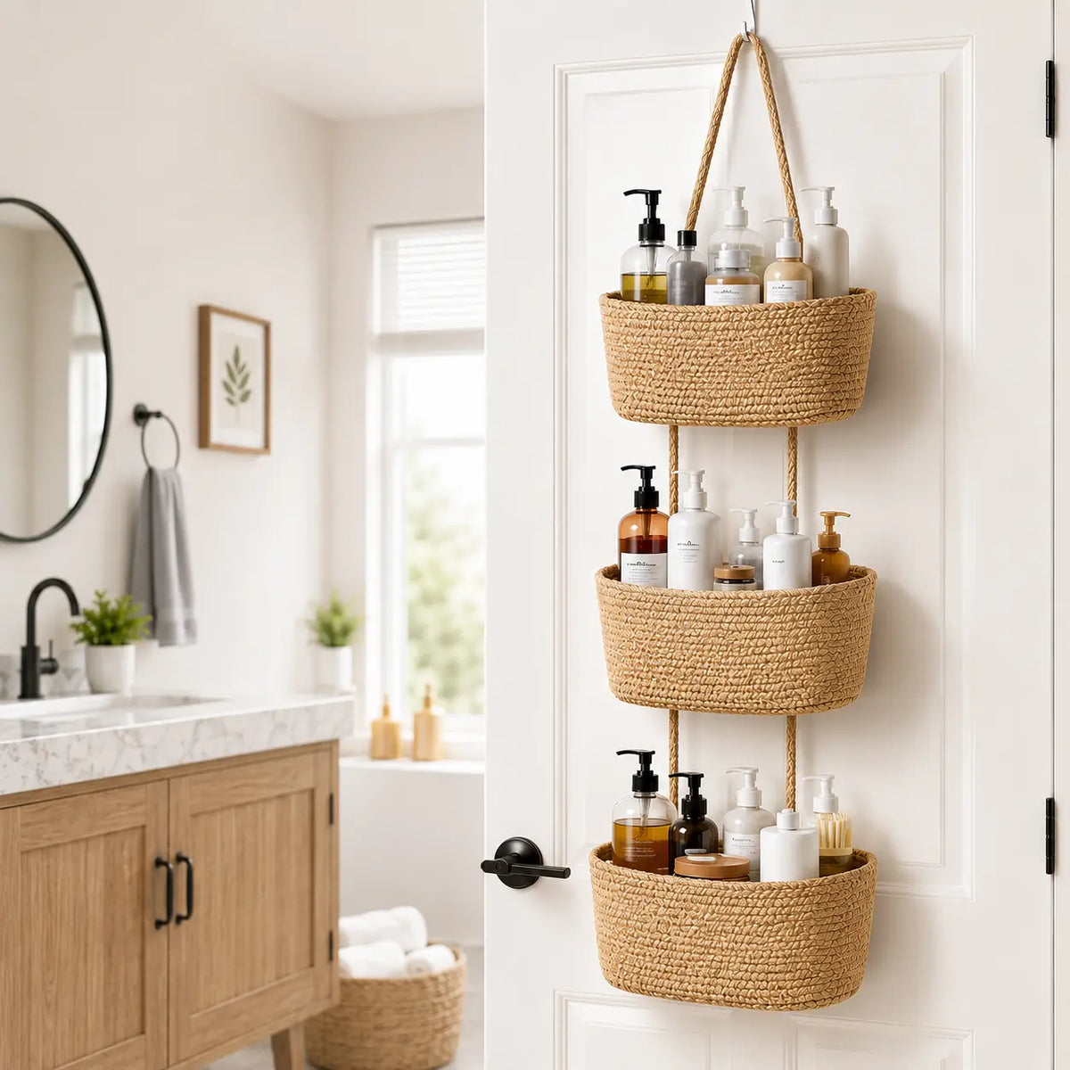 【Free Shipping (14in)】Woven Cotton 3-Tier Trapezoid Over-the-Door Basket, Wall-Mounted Jute Decorative Household Organizer, French Country Aesthetic for Busy Parents, with Gift Hook for Bathroom Decor Ideas & Home Storage