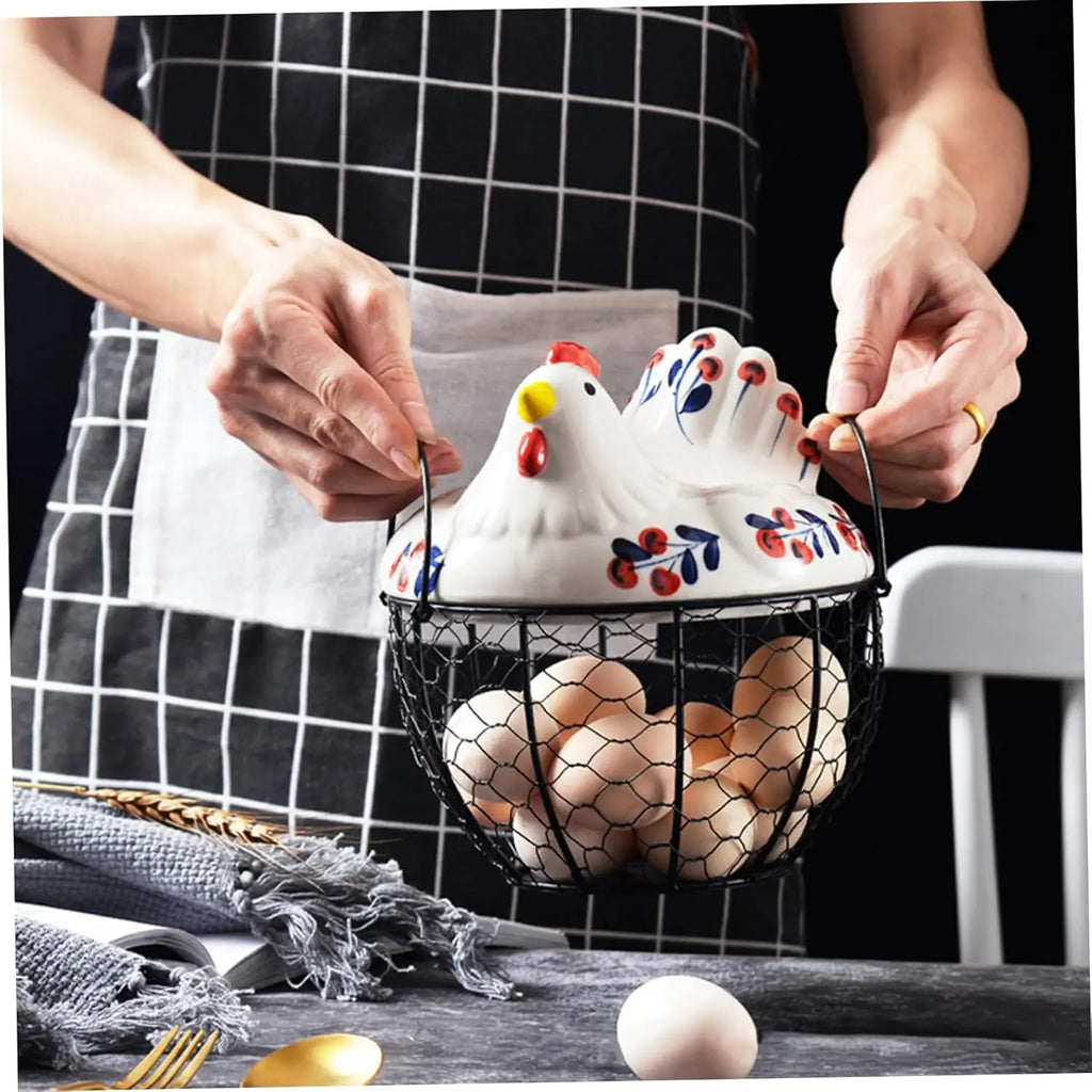 Ceramic Chicken Egg Holder with Metal Wire Frame & Lift-Off Round Lid, Rustic Cherry Blossoms Decorative Storage Home Decor Organiser, Wire Baskets for Organizing Eggs Fruits Home Garden Use