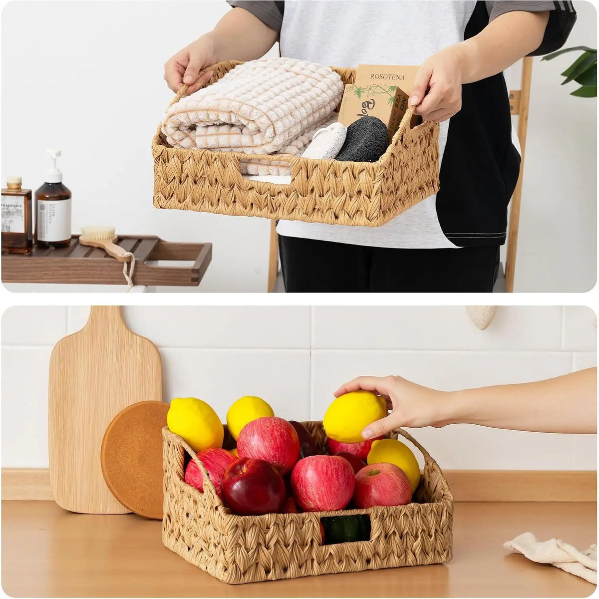 2-Pack Natural Trapezoid Woven Storage Baskets with Handles for Shelves, Pet Supplies Organiser for Dog & Cat Collars/Harnesses/Leads, Kitchen-Ready Plastic-Metal Accent Decorative Baskets, Shelf, Toilet