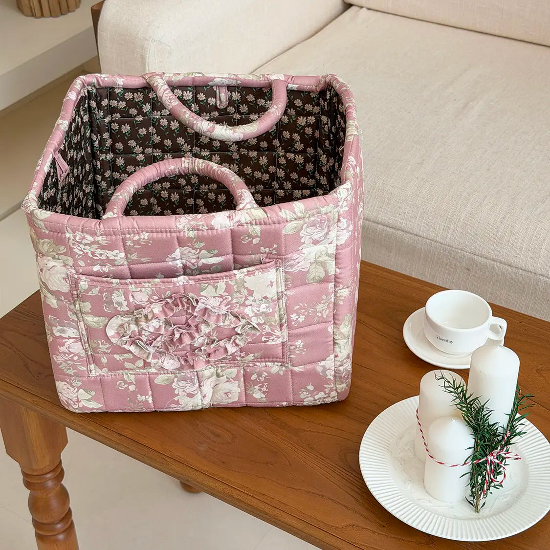 Women's Retro Foldable Soft Quilted Square Storage Basket - Dahuaofu Series, 31*27*26 cm Large Pink Flowers Print Polyester Bag, Basket with Handle, Front Pocket, Multi-Function High-Capacity Organizer, Blue, Clothes Organizer