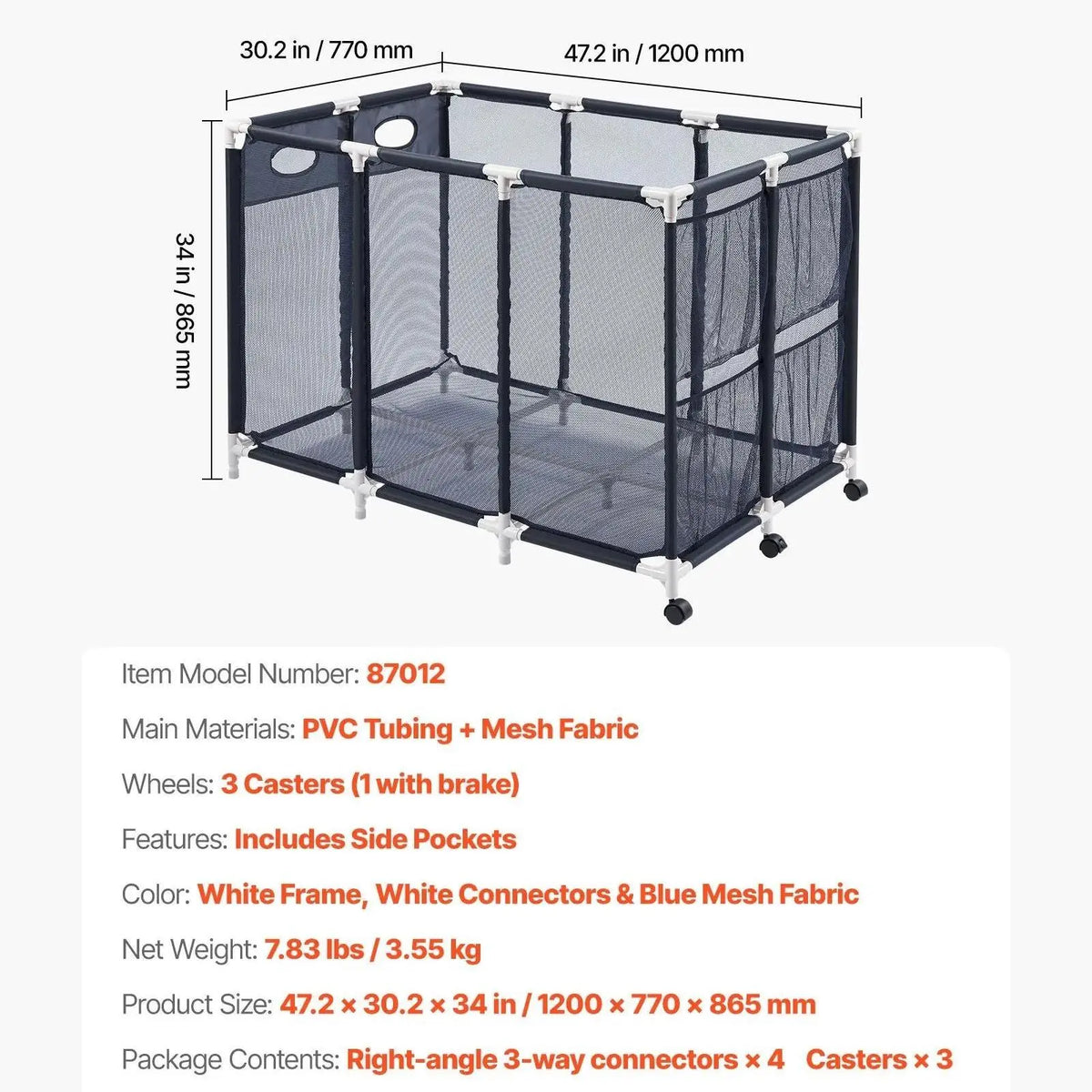 VEVOR Heavy-Duty Plastic Rolling Pool Storage Bin, 48.8 x 32.7 x 32.7 in Durable Metal Frame Organizer with Rolling Casters, Side Pockets, Breathable and Quick-Drying Mesh Basket for Pool Toys (Rectangular)