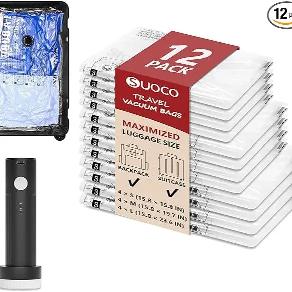 SUOCO Travel Vacuum Seal Bags Set with Rechargeable Electric Pump & Compression Packing Cubes, Water-Resistant Airtight Re-sealable Home Organiser for Luggage, Garage Storage, Cruises, Space-Saving Home Supply