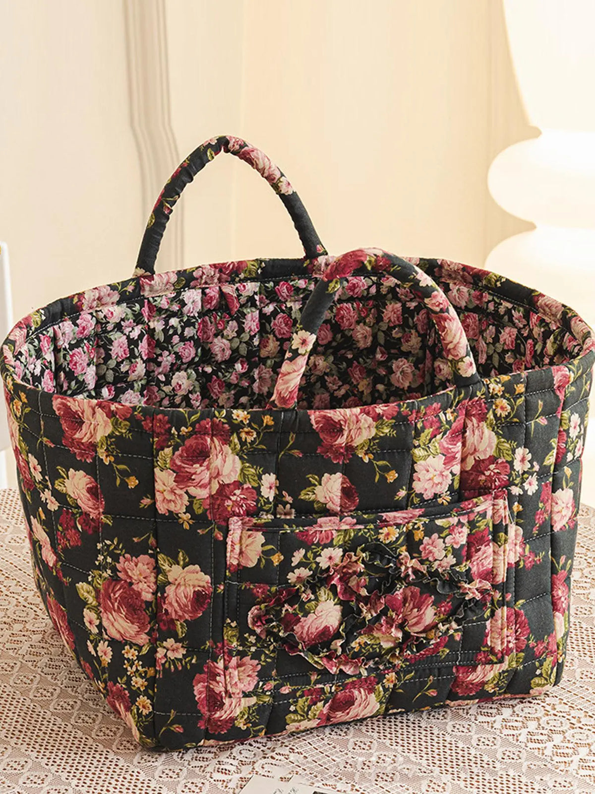 Floral Pattern Flower Fabric Storage Tote Basket, Portable Underwear Organizer, Organizing Baskets, Home Organization for Kitchen Bathroom Bedroom Living Room Office, Decorative Storage Basket