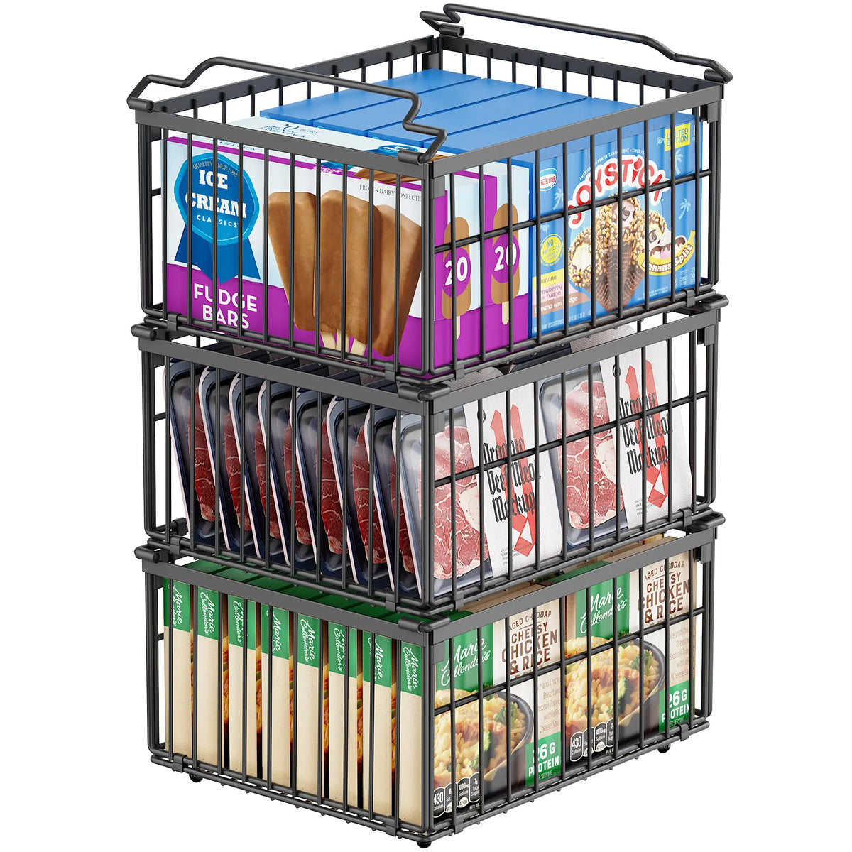 Msercuor Stackable Wire Freezer Organizer Bins - Black 4 Pack, Durable Rustproof Stainless Steel Storage Baskets with Open-Frame Design, Space-Saving Lifttograb Access, Keeps Food Fresher Longer (2/6/8 Pack Options)