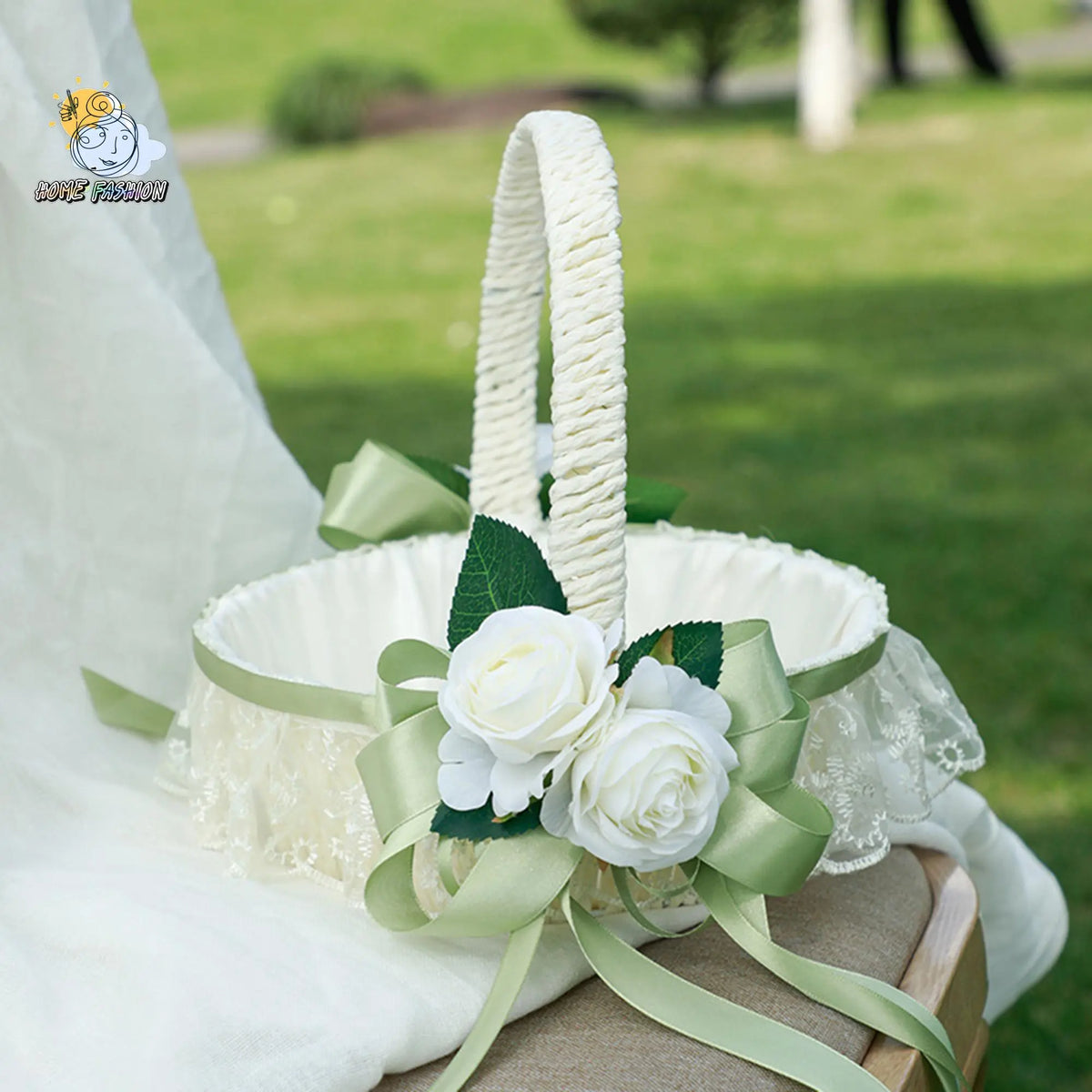 Elegant Wedding Flower Girl Decorative Storage Basket - Elegant Pearl Lace Tassel Design, Tassel Trim, Floral Pattern, Synthetic Material, 2 Sizes, 23.5*21.5cm White with Real Touch Norfolk Pine Garland for Wedding Parties, Sohochic