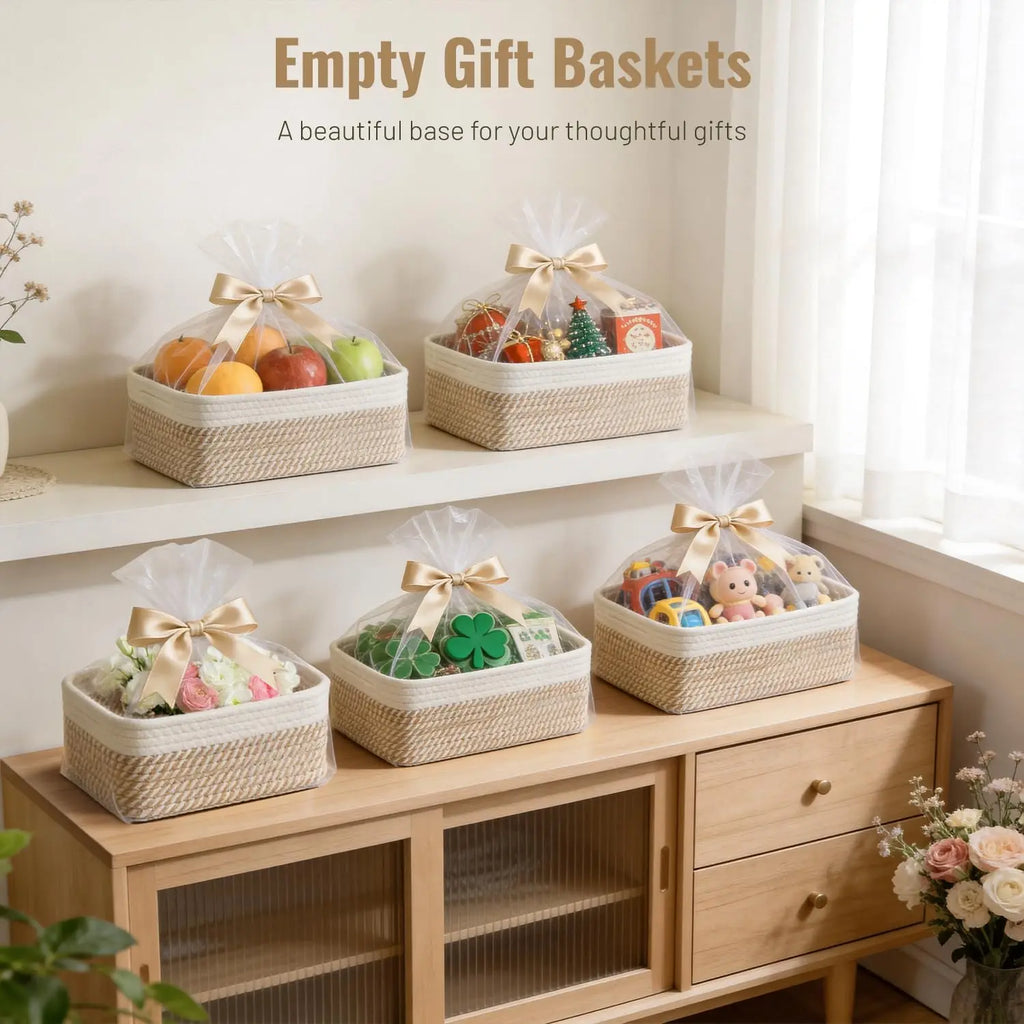 Khaki/White 5-Pack Small Rectangular Woven Cotton Rope Storage Bins (11.8"x7.9"x4.7") - Modern Farmhouse Organiser for Pet Supplies, Kitchen, Bathroom, Office, Nursery Changing Table - Ideal Baby Shower Gift
