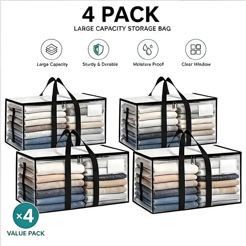 Clear Extra Large Moving Bags, Heavy-Duty Waterproof Storage Tote Bag with Reinforced Handles & Zippers, Transparent Organizer for Clothes, Bedding, Dorm, Moving, Clothing Storage Bags (Clear - 88L)