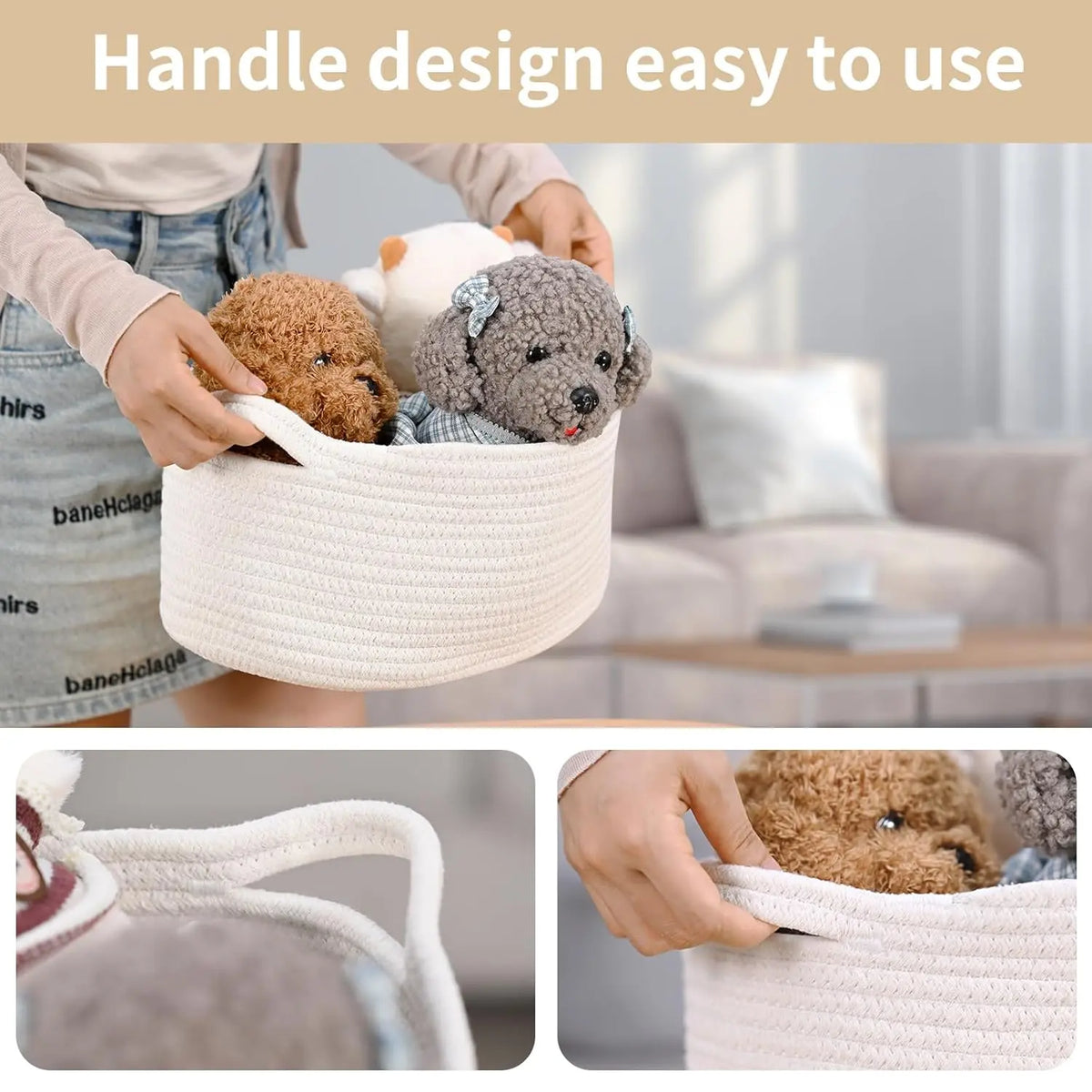 Decorative Cotton Rope Woven Storage Basket with Handle - Cute Small Collapsible Home Organizer (13" D x 8" W x 6" H) for Baby Toys, Sustainable Materials, Structured Base, Easy Carrying for Baby Shower, Graduations, Valentine's Day