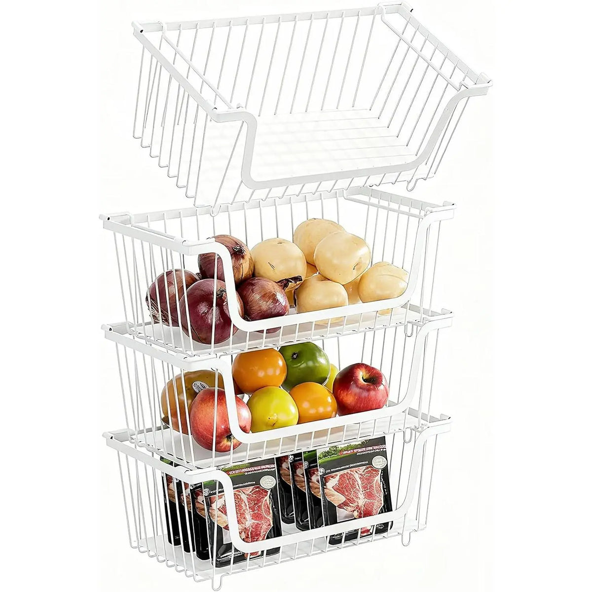 Black 4-Pcs Stackable Stainless Steel Hollow Wire Storage Bins Set - Metal Kitchen Bathroom Basket with Rotating Handle, Pet Supplies Organizer, Countertop Produce Holder