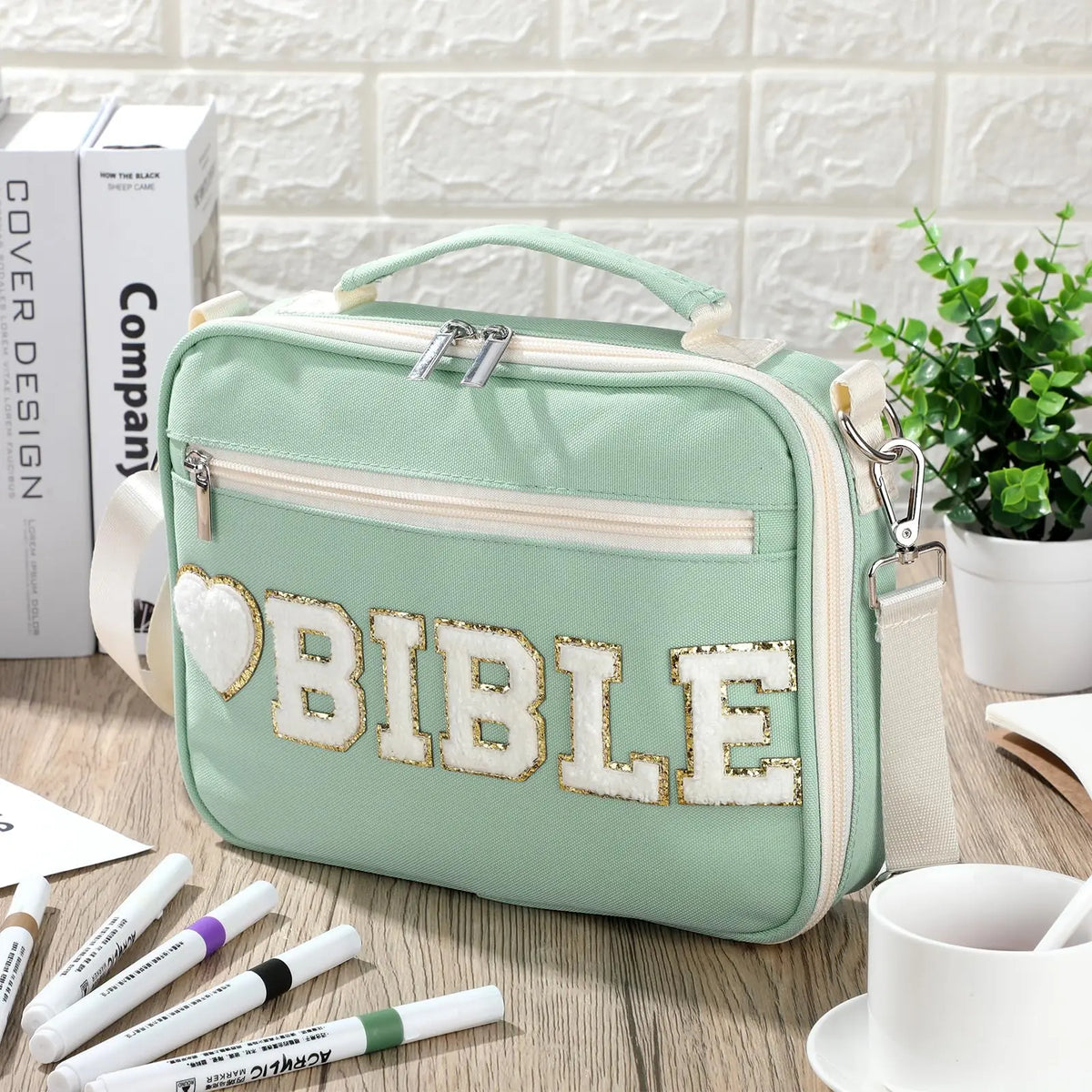 Gejoy Bible Cover Case for Women, Christian Bible Bag with Shoulder Strap Canvas Tote Bag Carrying Bag Gift for Teenagers Girl Student, Bible Study Supplies, Church Bible Case