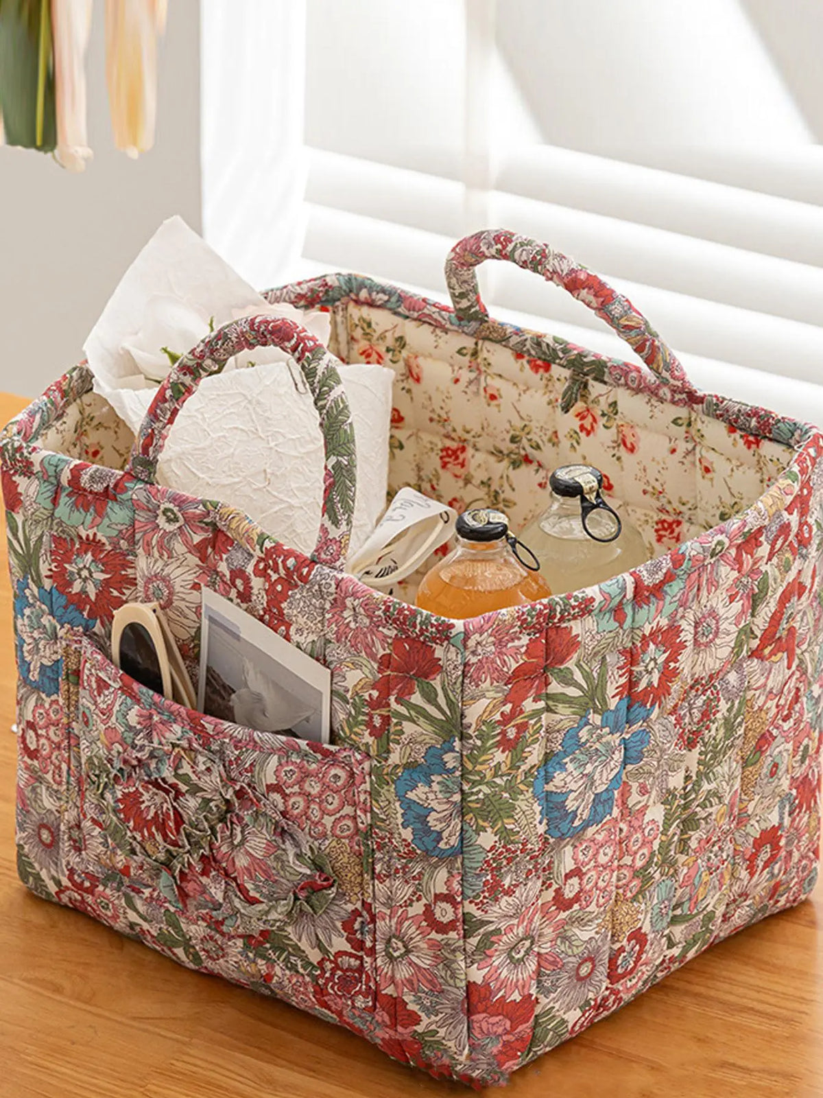 Floral Pattern Flower Fabric Storage Tote Basket, Portable Underwear Organizer, Organizing Baskets, Home Organization for Kitchen Bathroom Bedroom Living Room Office, Decorative Storage Basket