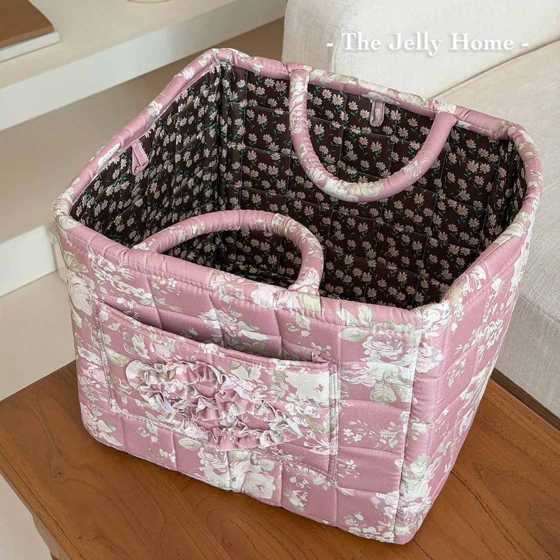 Women's Retro Foldable Soft Quilted Square Storage Basket - Dahuaofu Series, 31*27*26 cm Large Pink Flowers Print Polyester Bag, Basket with Handle, Front Pocket, Multi-Function High-Capacity Organizer, Blue, Clothes Organizer