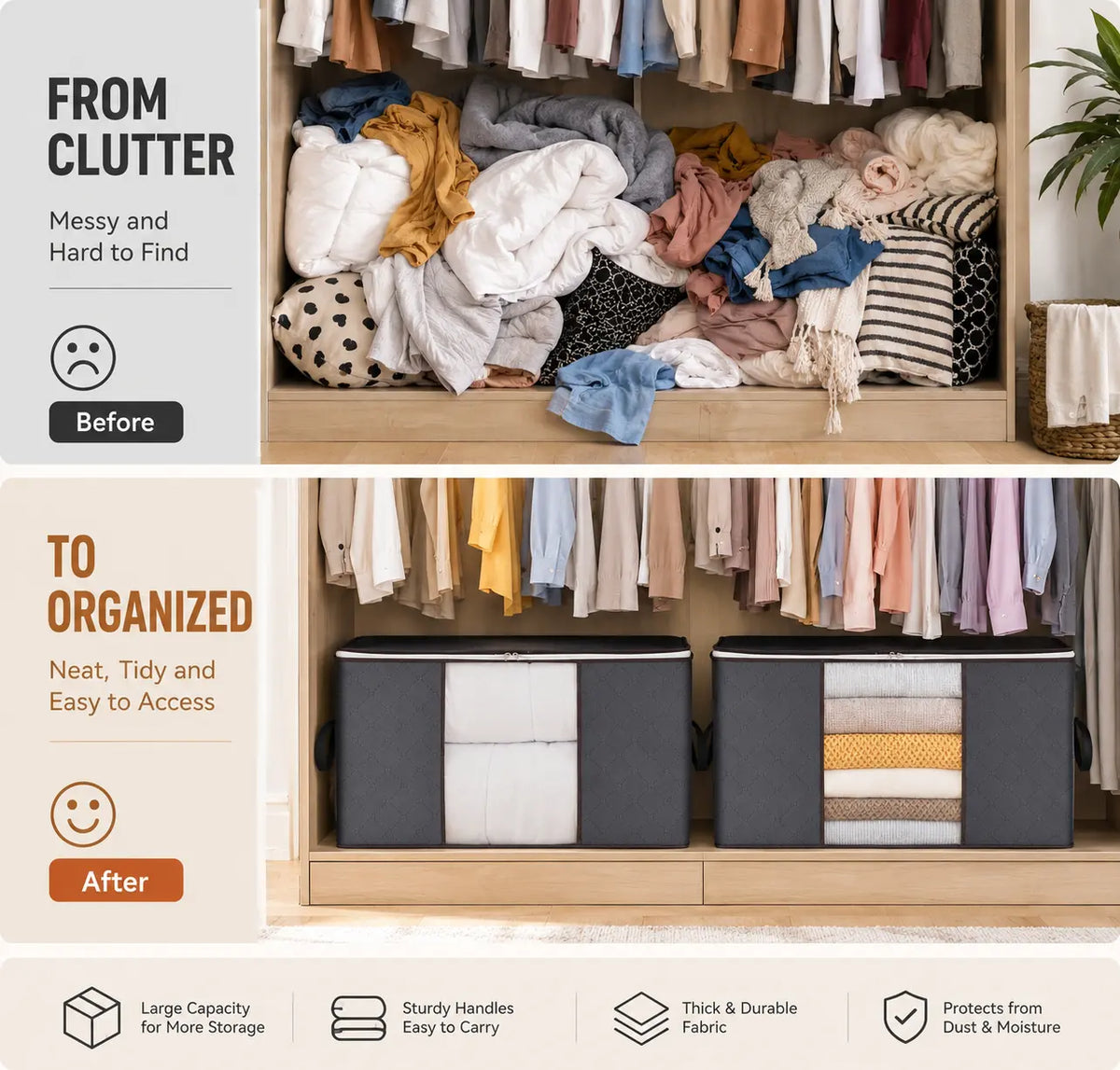 UNIQDESIGN Thick Cloth Collapsible Clothing Organiser Bag Set (6-Pack, Grey) - Reusable PVC Multipurpose Storage Bags with Handles, Space Saving for Bedroom Wardrobe Clothes, Blankets, Window