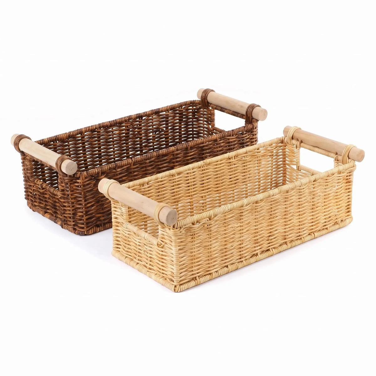 BROWNLILY Handwoven Wicker Organizer Basket with Wooden Handles - Narrow Countertop Caddy for Bathroom Vanity, Kitchen, Entryway & Guest Room (Faux Rattan)