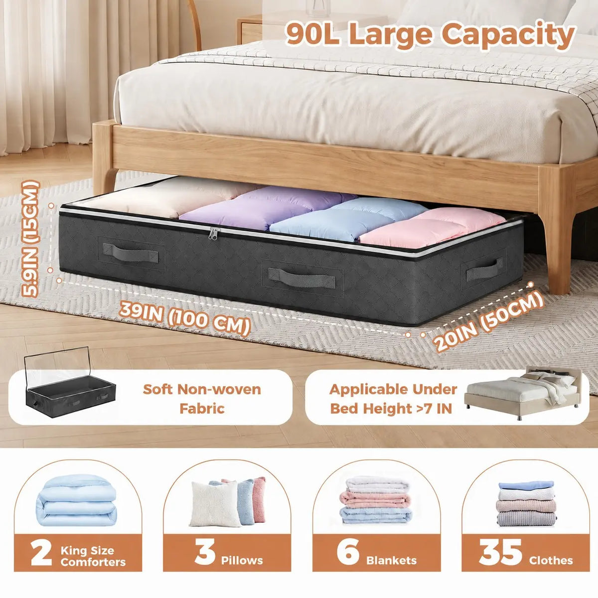 90L Under Bed Storage Containers, Foldable Closet Organizers, Storage Bins, Organizer Bags, Bedding Storage, Space Saving Bags, Fabric Storage Bag for Linen, Blankets, Clothes, Pillows, Wrapping Paper
