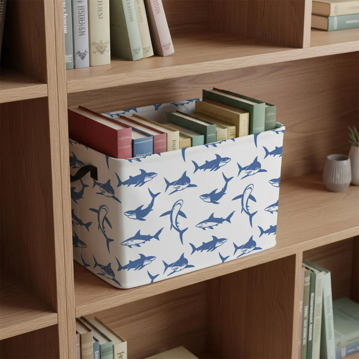 Foldable Rectangular Blue Fish Basket Storage Bin - Laundry Organizer Shelf for Room Decor, Indoors, Teacher Gift