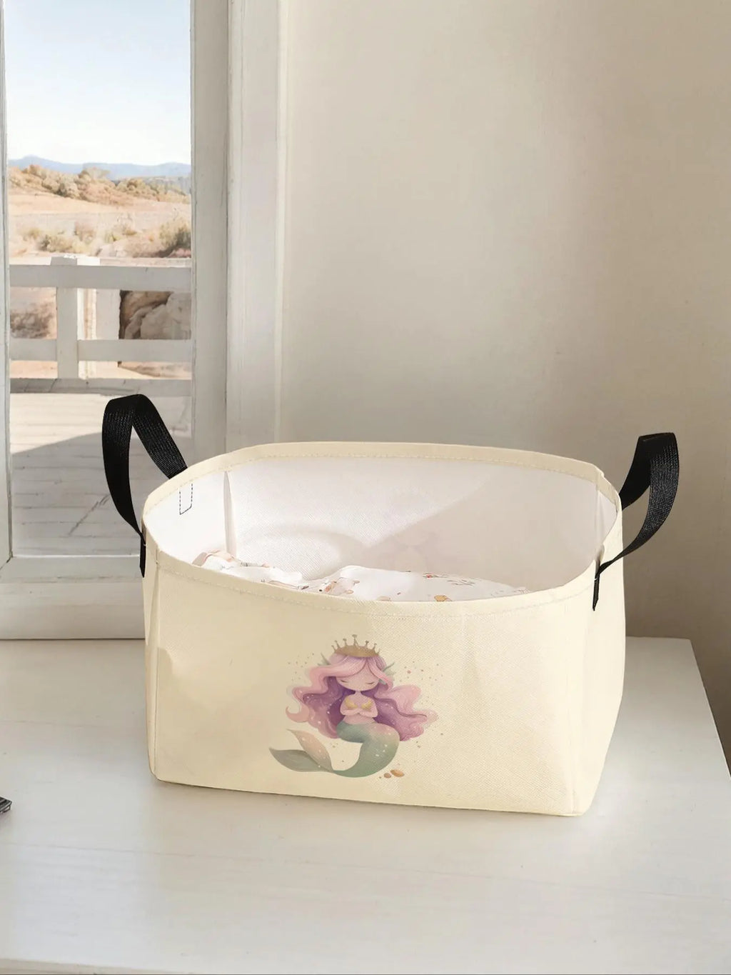 Mermaid Pattern Storage Basket with Handle, Multi-functional Storage Basket, Foldable Clothes Storage Basket, Bag Insert for Living Room, Bathroom and Kitchen, Clothes Baskets, Basket with Handles, Collapsible Storage Baskets