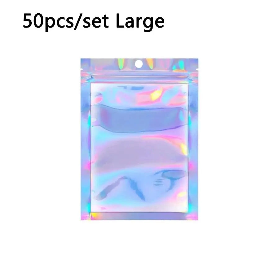 50pcs Laser Film Holographic Jewelry Packaging Bags with Hanging Hole, Half-Transparent Self-Sealing Bags, Clear Storage Bags, Phone Case Storage Bags, Colorful Plastic DIY Organizer, Plastic Organizer Pouches