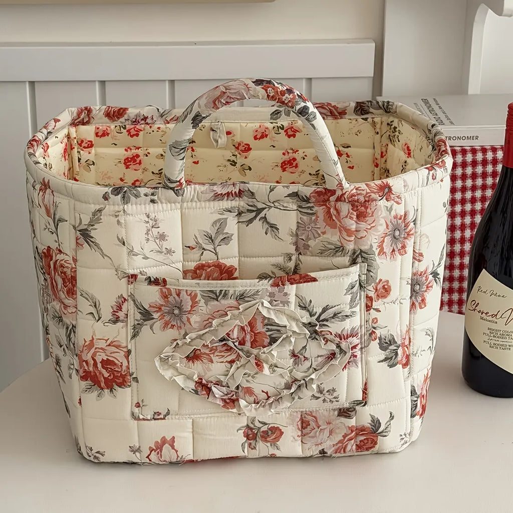 Quilted Floral-Print Camping Carry Basket - Retro Dark Night Peony & Foundation White Flower Rectangle Storage Bin, Sturdy Large Portable Hiking Hammock Gear Organizer for Back to School Home Decor