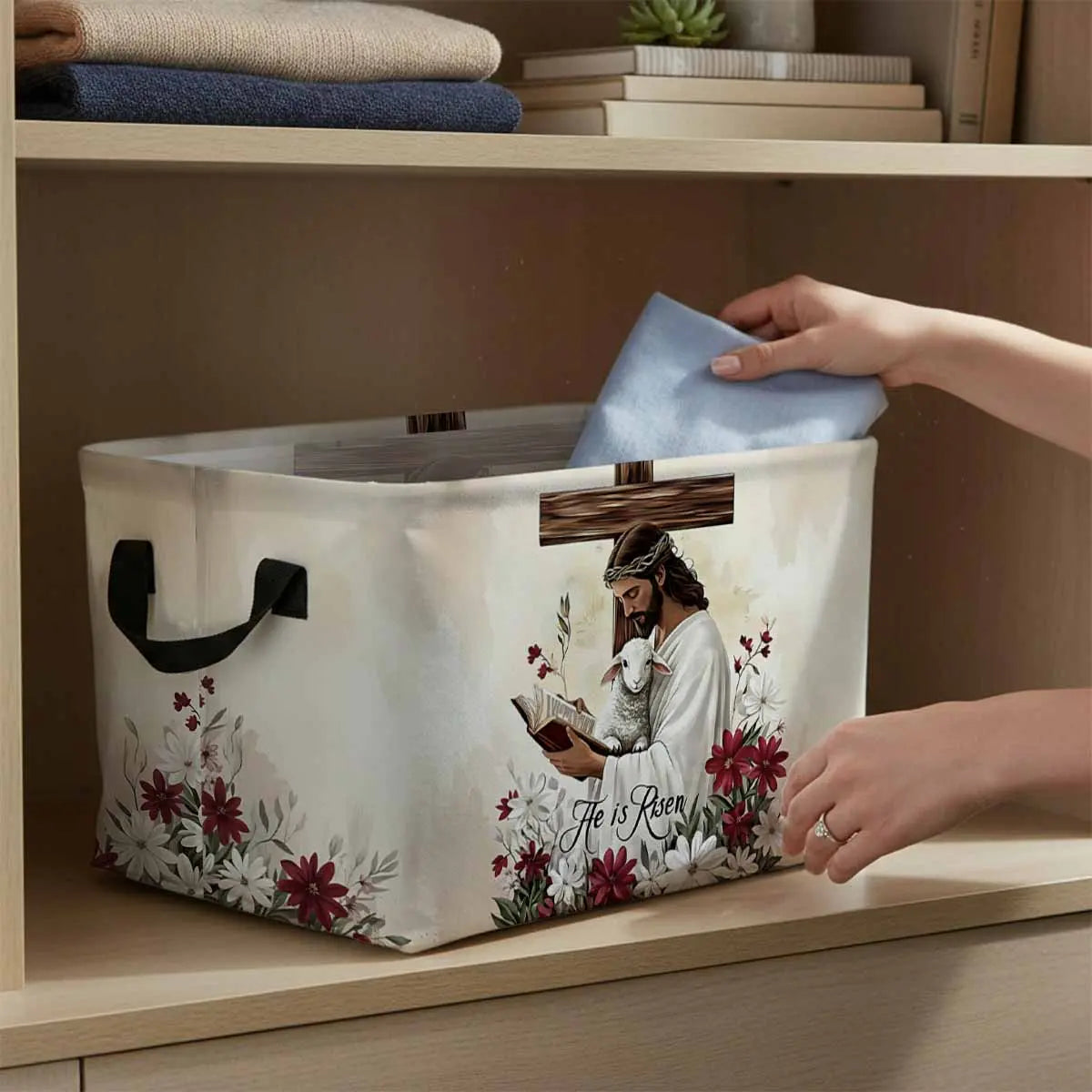 Jesus Lamb Floral Cross Storage Baskets Storage Boxes Home Decor Storage Clothes Organization Holiday Gifts， Laundry Hamper， Car Storage Basket Camping Picnic， Shelf Baskets， Organizer For Books， Laundry Baskets