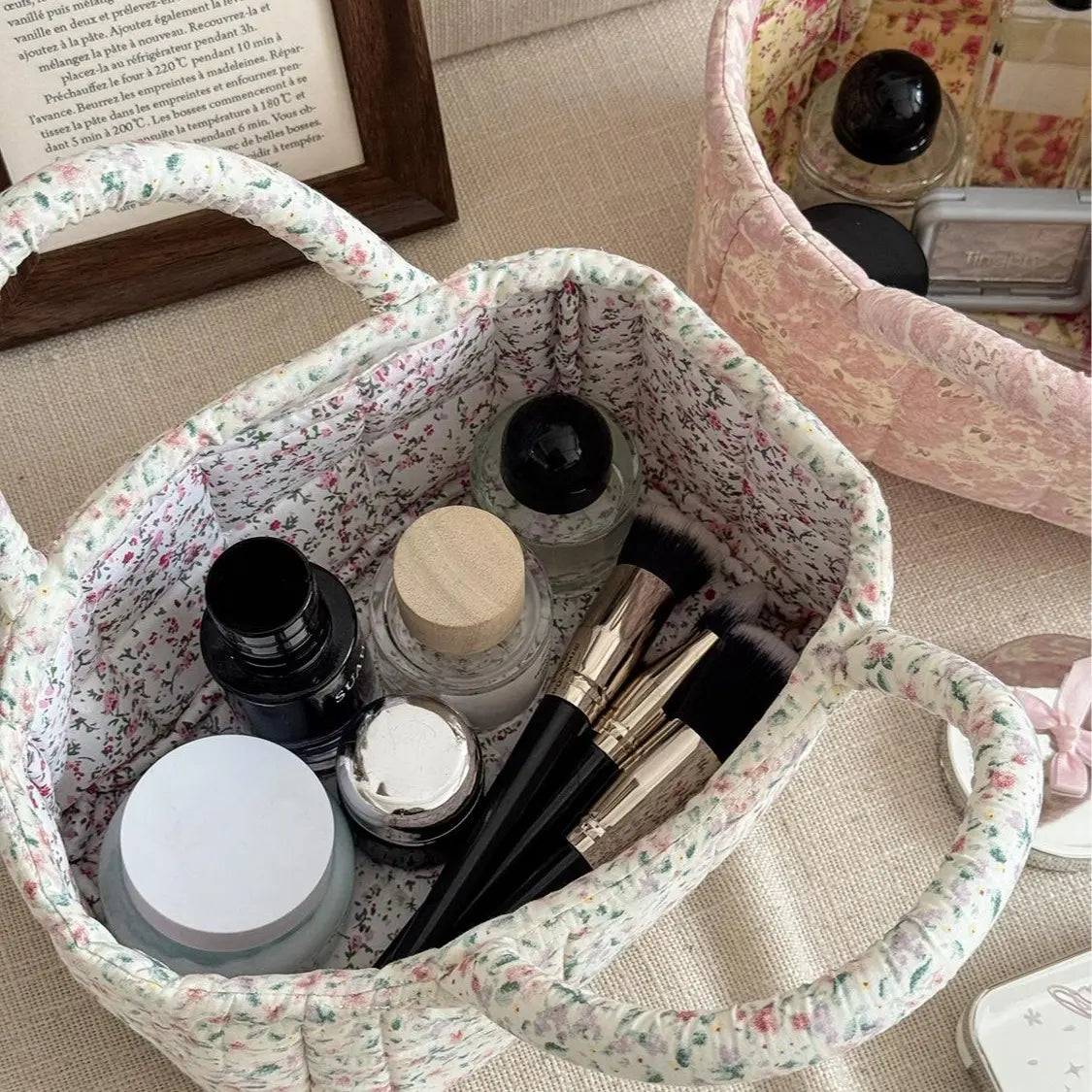 Cotton Country Chic Embroidered Print Lightweight Compact Basket - Baskets for Organizing, Baby Girl's Room Storage, Cosmetic Holder, Portable Gift Bag