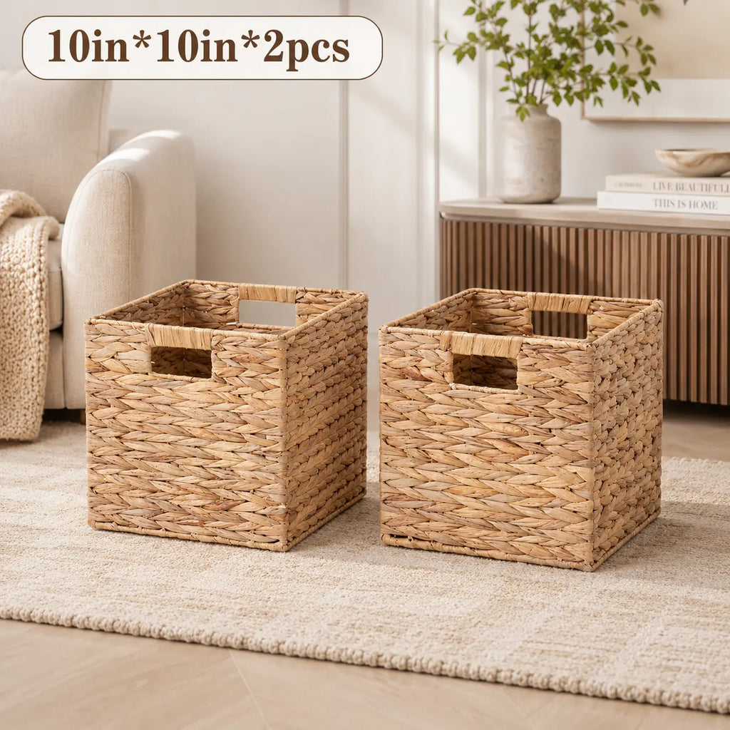 Summerwins Natural Water Hyacinth Storage Baskets - Handwoven Cube Organizing Bins with Cutout Handles, Open-Top Farmhouse Storage Organizer for Dorm Room, Living Room, Laundry, House Organizers, College Move-In Essentials