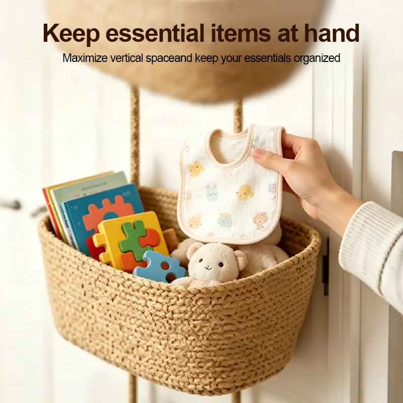 Over the Door Hanging Basket, 3-Tier Woven Cotton Wall-Mounted Storage Organizer Bag Decorative Hanging Nursery Baskets, Perfect for Busy Mom/Dad to Store Diapers & Toys small basket Gift Hook house organizers, Jute